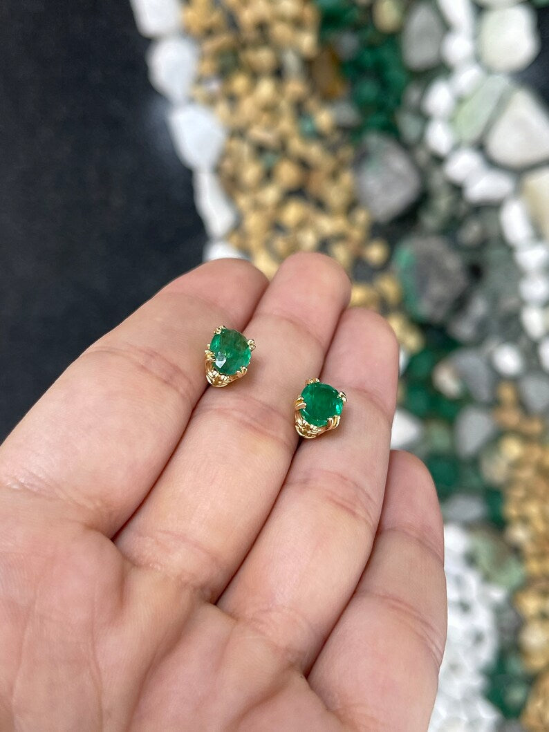 14K Gold Oval Cut Floral Fleur De Lis Stud Earrings - 3.43tcw Medium Dark Green Gemstone for Women, Perfect for Weddings, Parties & Everyday Elegance