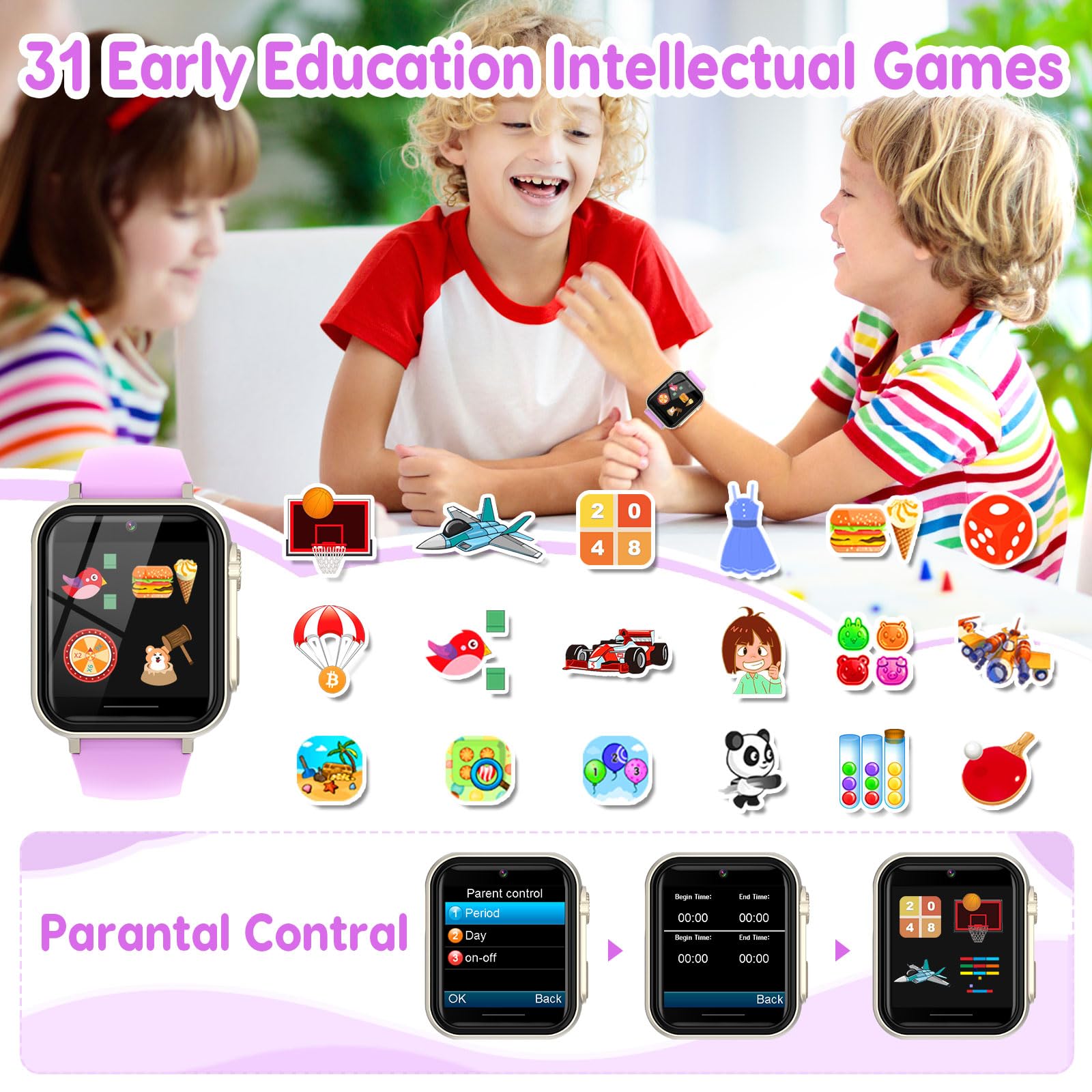 Smart Watch for Kids Ages 4-12 - Waterproof HD Touch Screen with Camera, 30+ Games & 140 Learning Cards - Educational Birthday Gift for Girls & Boys - Perfect for School, Playtime & Outdoor Activities (Purple)