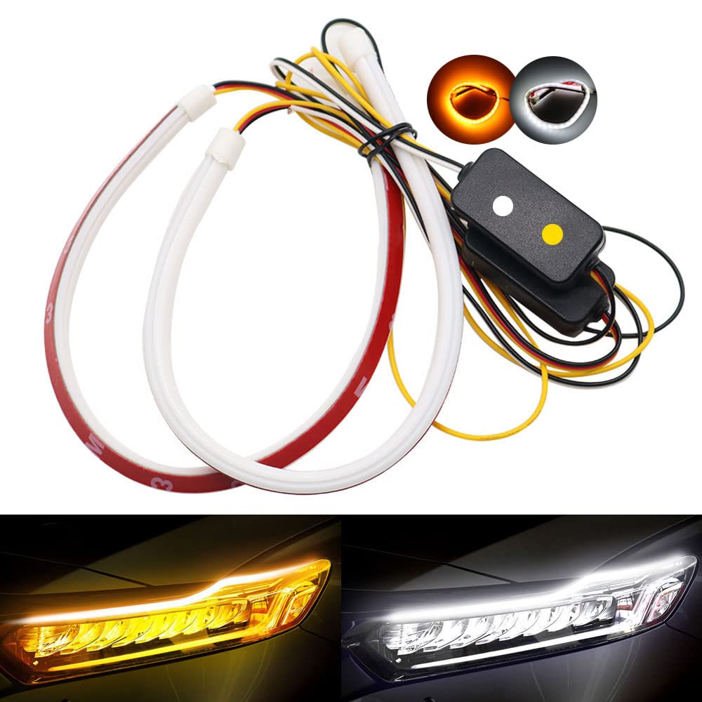 YSY 2Pcs 12 Inch LED Headlight Strip Tube Light - Flexible Dual Color White & Amber Yellow Daytime Running Lights, Waterproof DRL Neon Lights for Cars, Trucks, SUVs - Perfect for Turn Signals & Custom Lighting (30CM, White/Yellow)