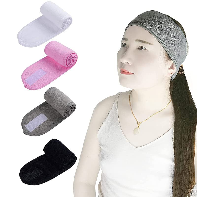 4-Pack Adjustable Terry Cloth Spa Headbands for Women - Soft Stretchable Makeup, Shower & Sports Head Wraps with Magic Tape (Black, Gray, White, Pink) - Perfect for Skincare, Bathing, Hair Washing & Workouts