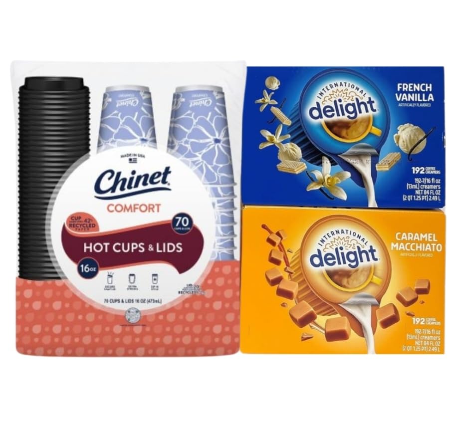 Deluxe French Vanilla & Caramel Macchiato Single Serve Coffee Pods Bundle - 192 Count (96 Each) with 70 Insulated Hot Cups & Lids Set - Perfect for Office, Home, or Coffee Shop Use