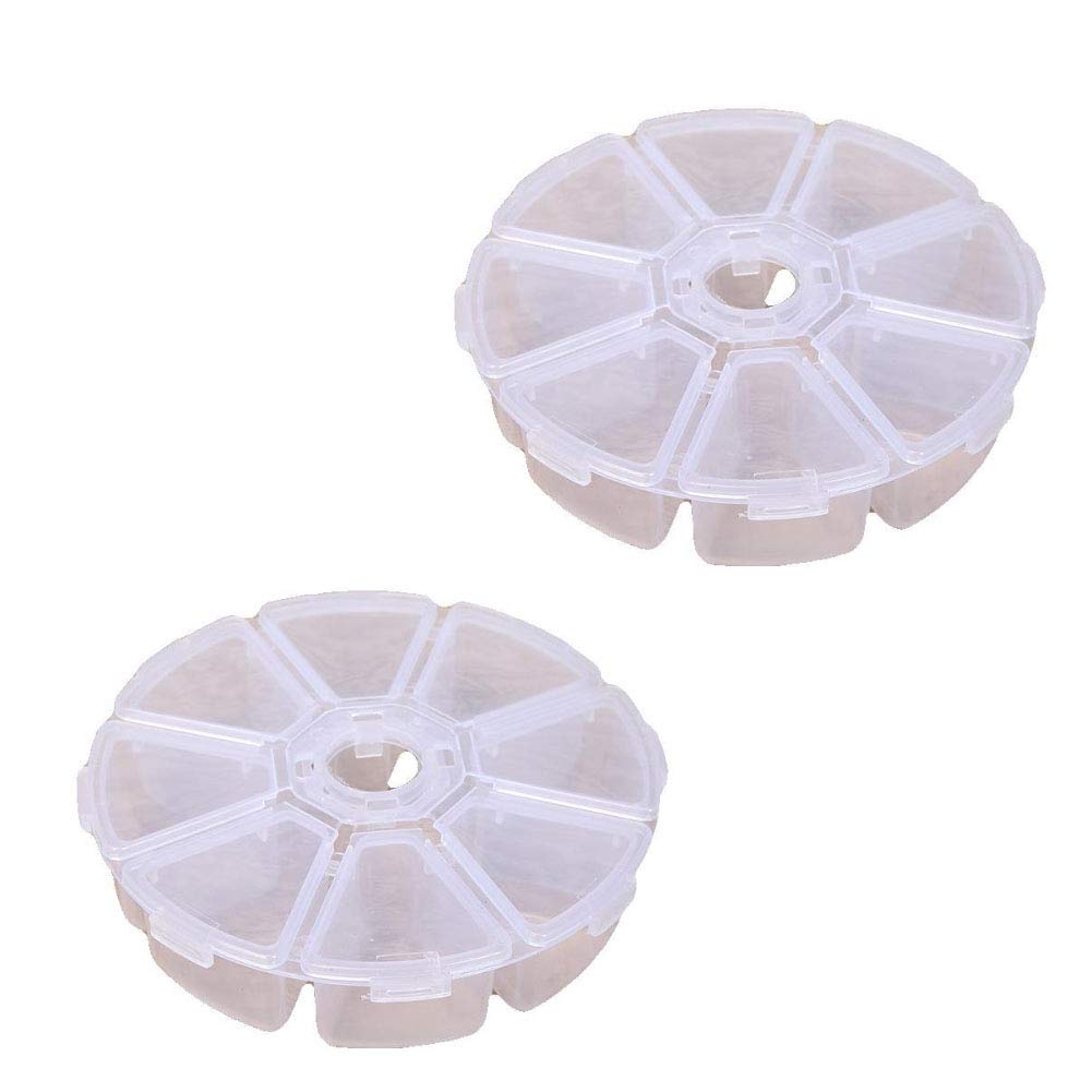 WOIWO 2-Pack Clear Round Plastic Storage Boxes with 8 Compartments - Jewelry Organizer, Bead Container & Nail Art Case - Perfect for Craft Rooms, Vanity Tables & Travel Accessories