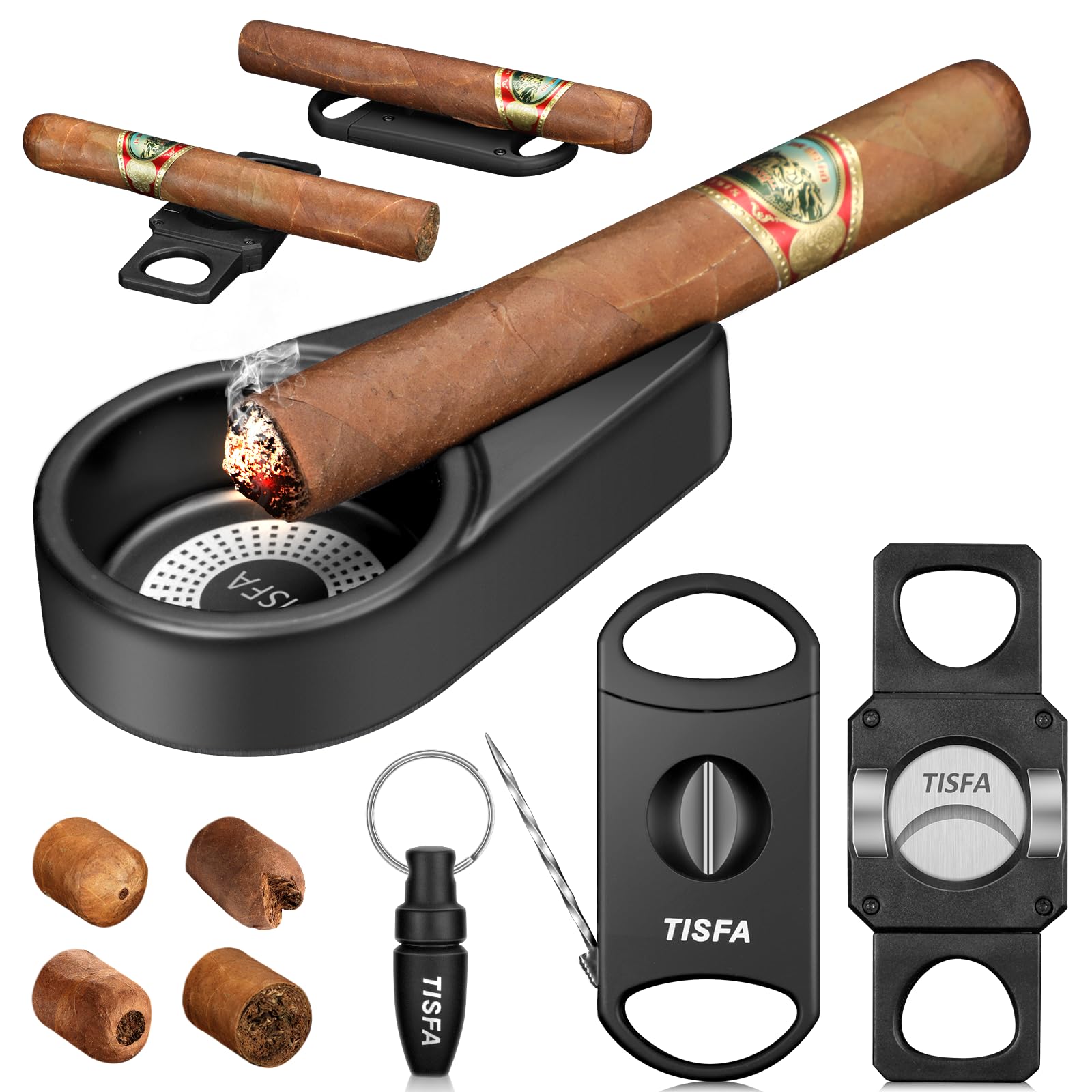 Premium Cigar Ashtray Set with Hole Punch & V Cutter - Portable Outdoor Cigar Accessories Gift Set with Draw Enhancer, Holder & Stand - Perfect for Patio, BBQ, and Man Cave Decor