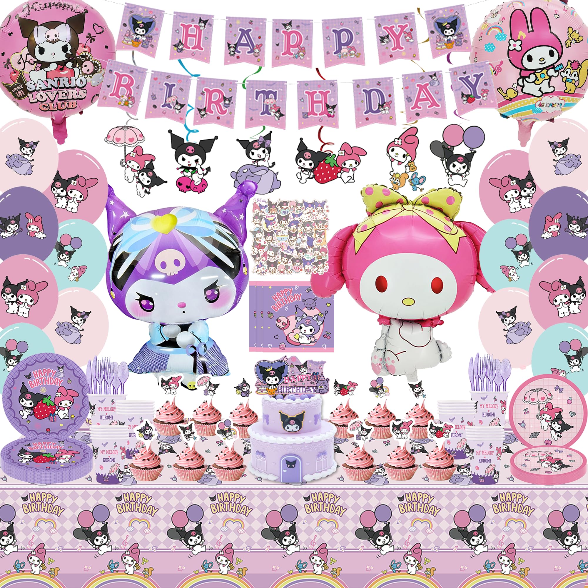 199Pcs Kawaii Birthday Party Decorations Set - Cartoon Anime Theme Includes Banners, Hanging Swirls, Tablecloth, Napkins, Balloons & Tableware for Girls Birthday, Baby Shower & Kids Party Decor