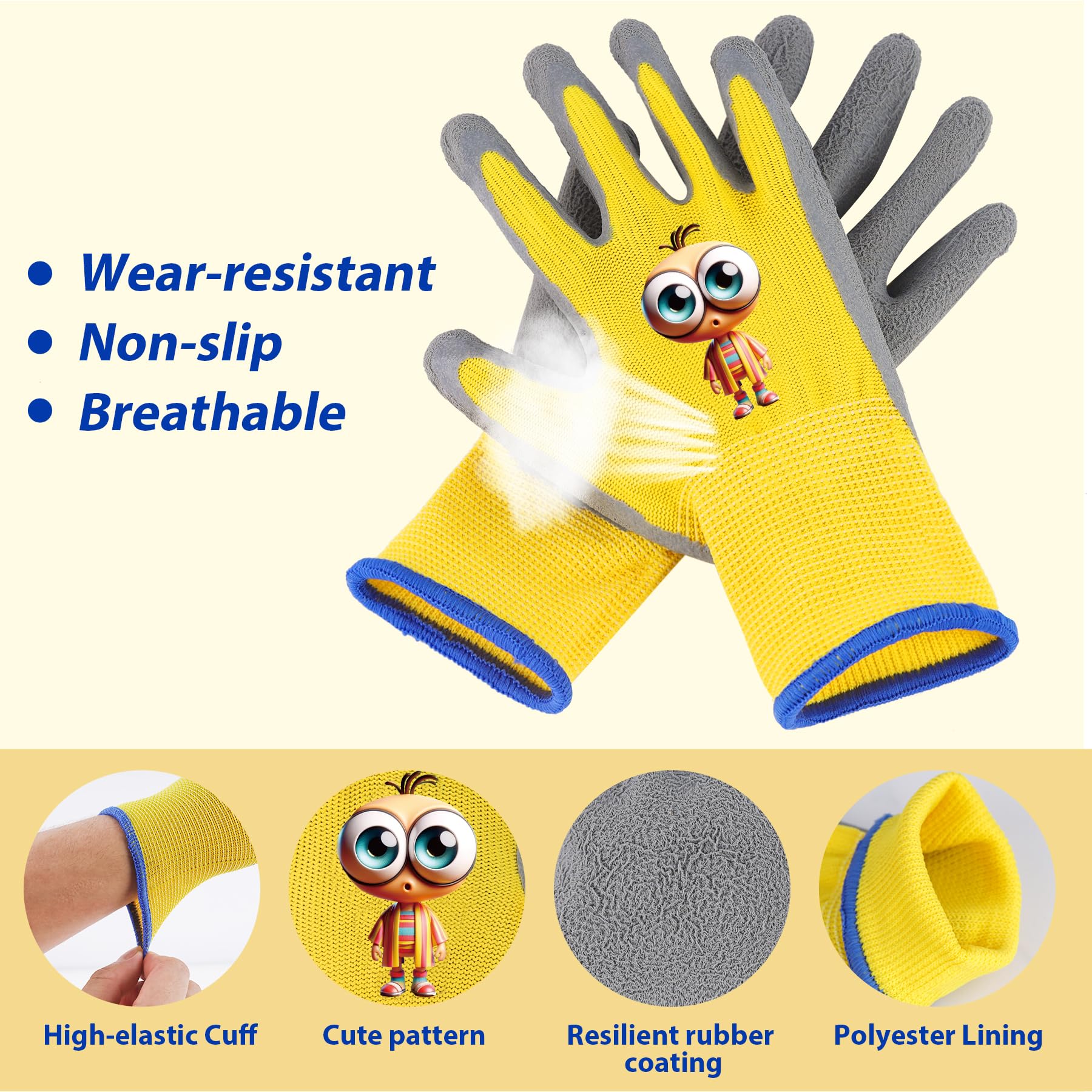 **Kids Gardening Gloves - 2 Pairs Non-Slip Rubber Safety Gloves for Toddlers (Ages 3-5) - Yellow & Blue - Perfect for Gardening, Fishing, Cycling & Outdoor Play**