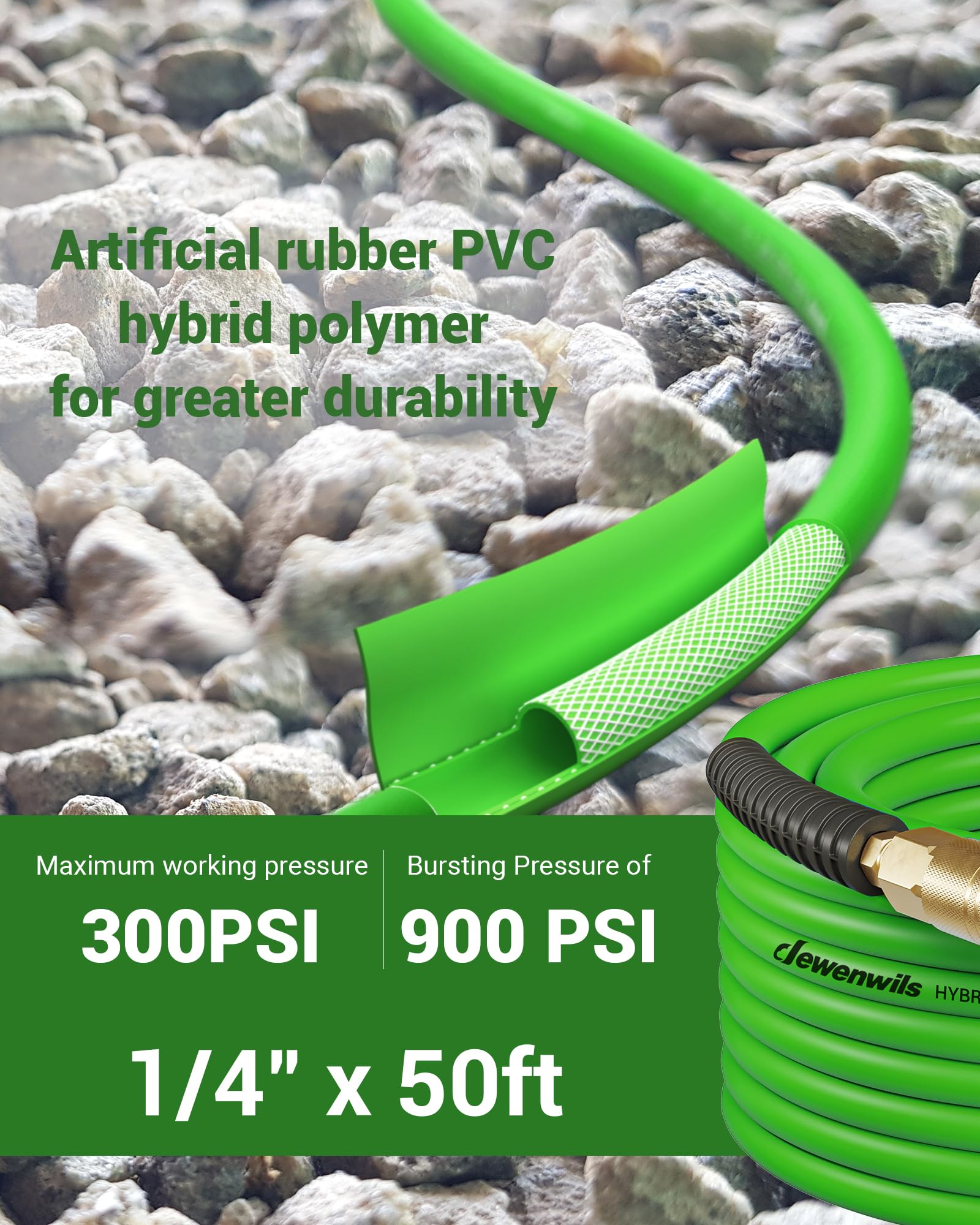 DEWENWILS 1/4 Inch x 50FT Hybrid Air Hose 300 PSI - Heavy Duty Air Compressor Hose with 1/4