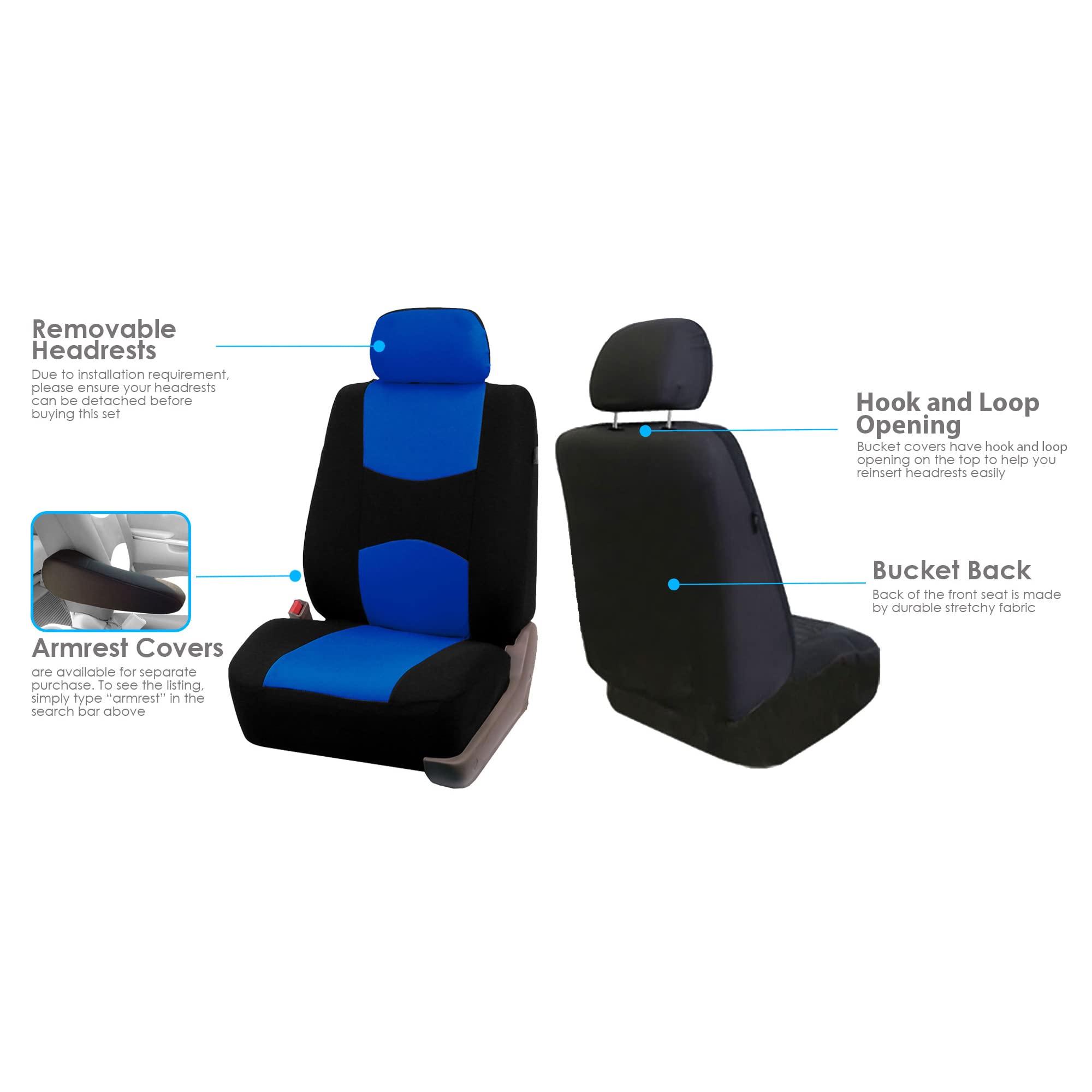 FH Group Universal Non-Slip Car Seat Covers Full Set - Blue Flat Cloth Bench Seat Protectors for Cars, Trucks & SUVs | Perfect for Road Trips, Daily Commutes & Family Travel