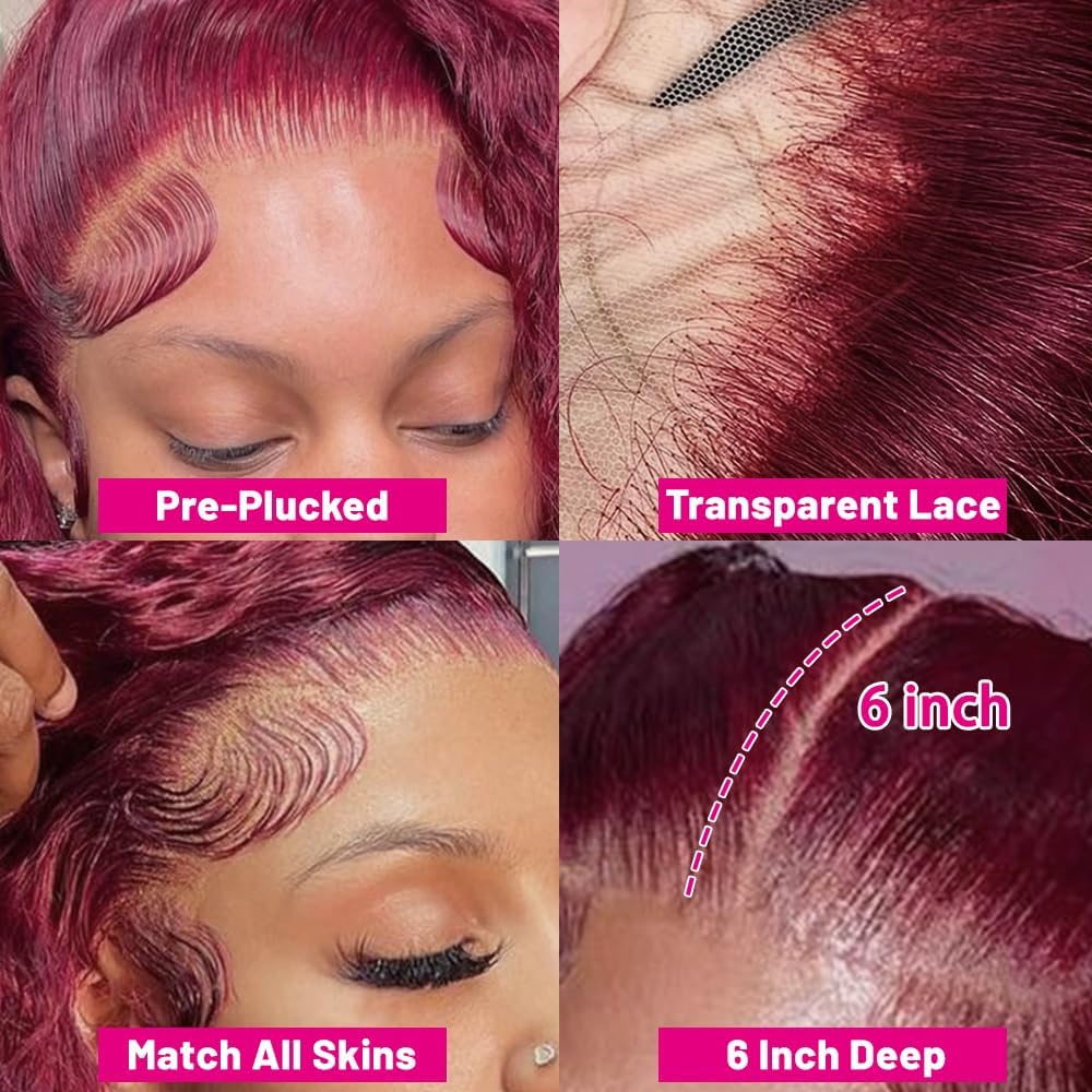 Burgundy 13x6 Deep Wave Lace Front Wig Human Hair 180% Density - 30 Inch Red Colored Curly Lace Frontal Wig for Black Women | 99J Brazilian Virgin Hair | Perfect for Parties, Weddings & Daily Wear