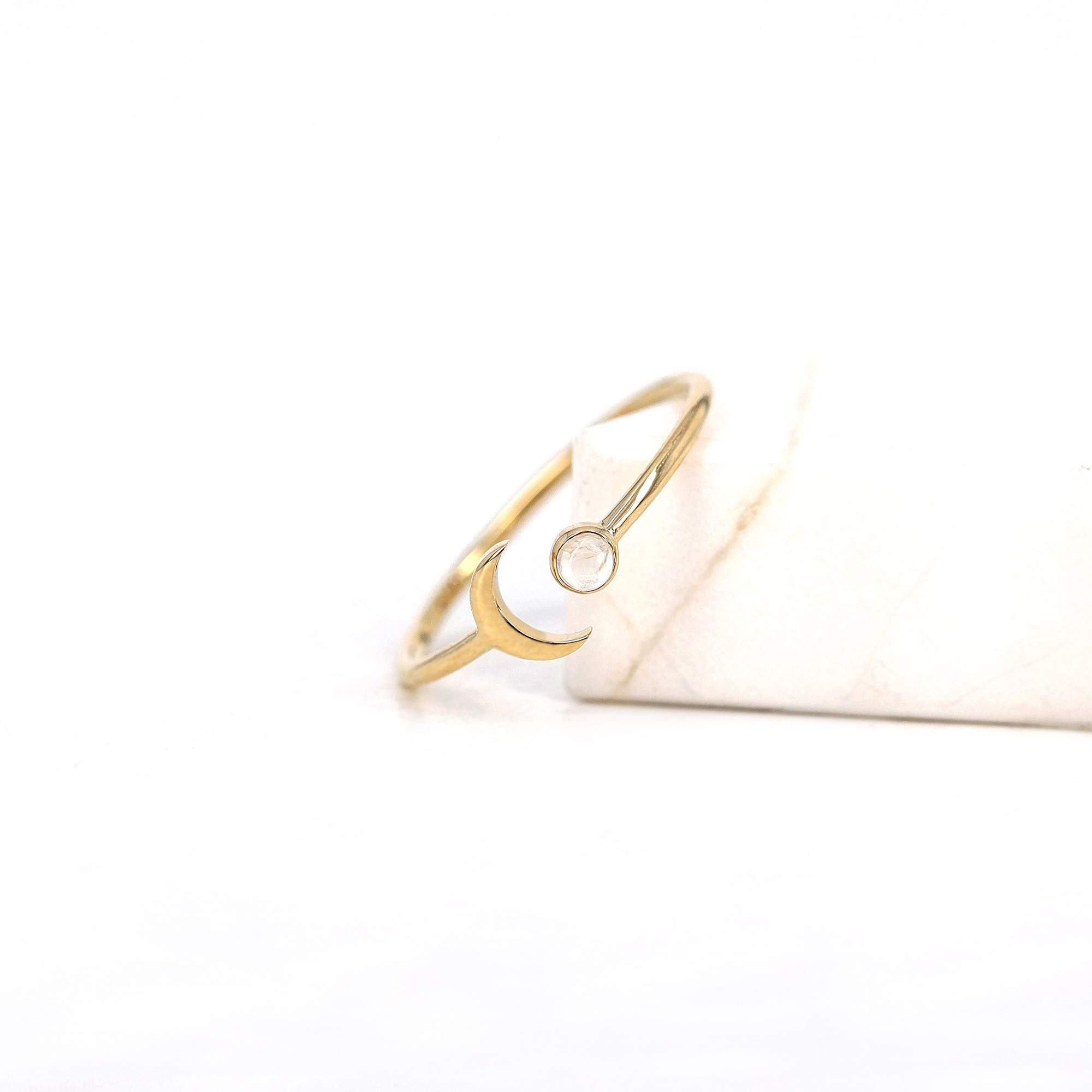 10K 14K Solid Gold Moonstone Open Ring Band - Dainty Unique Stackable Crescent Moon Ring - Natural Moonstone Jewelry for Women - Perfect for Layering, Boho Style & Everyday Wear
