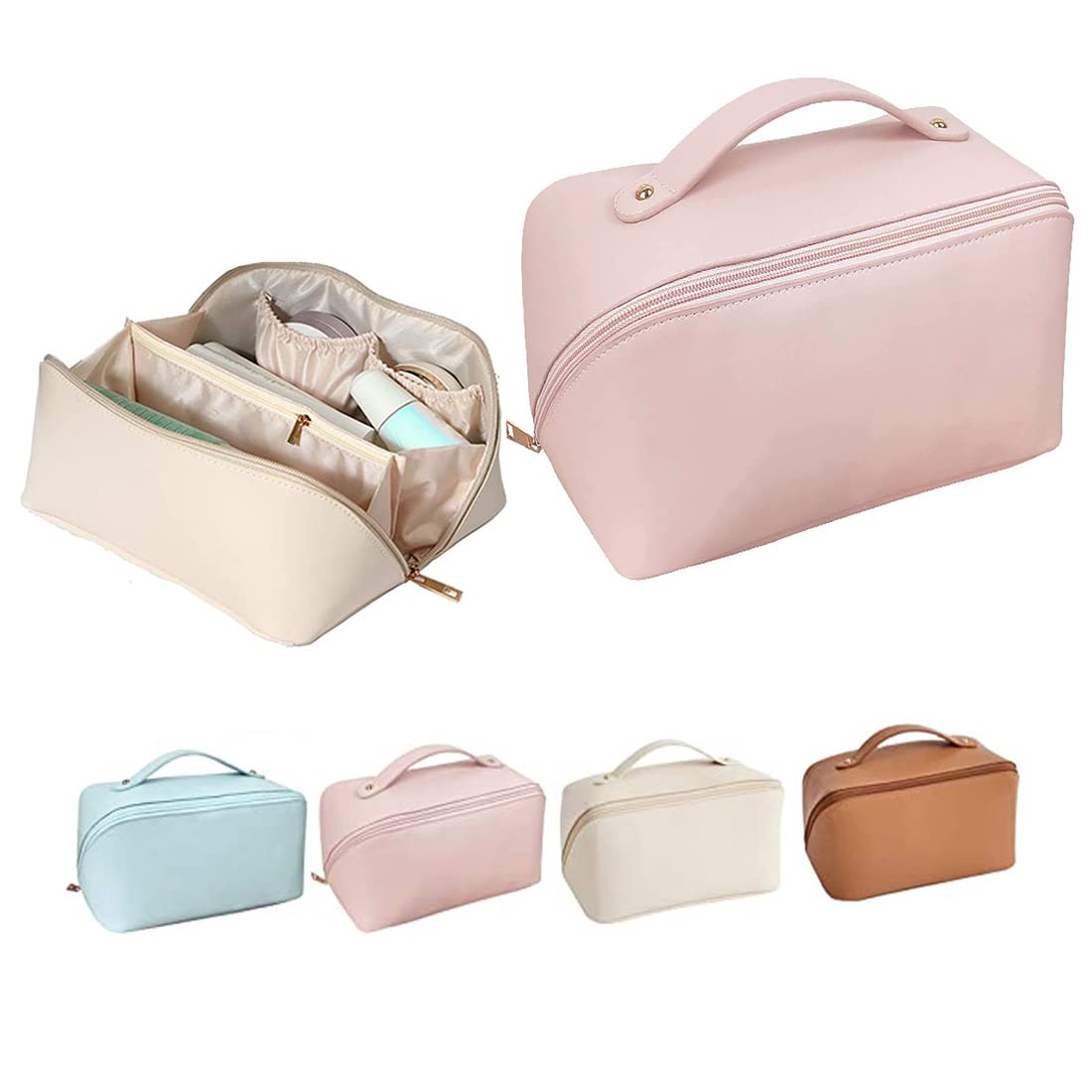 Large Capacity Waterproof Leather Makeup Travel Bag with Handle & Divider - Multi-Layer Cosmetic Organizer for Toiletries (Pink) | Perfect for Vacation, Business Trips & Daily Use