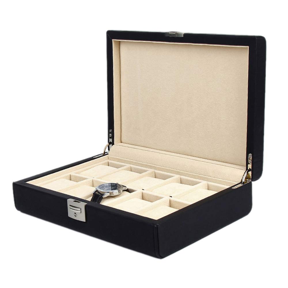 Premium PU Leather Watch Display Case for 10 Watches - Removable Suede Pillows & Security Lock - Perfect for Watch Collectors & Jewelry Storage at Home or Retail Stores
