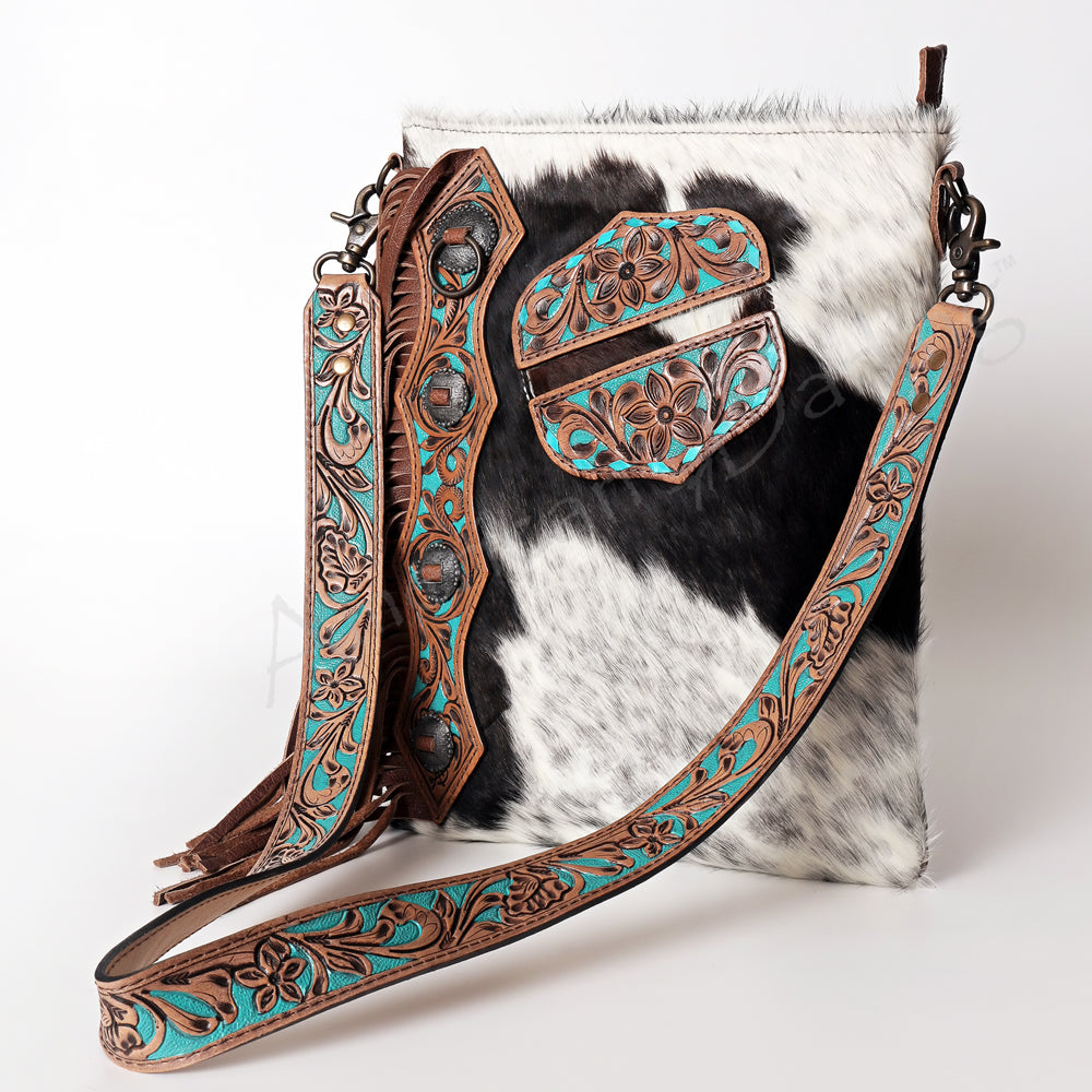 American Darling ADBG469BRW Genuine Leather Women's Western Handbag - Hand-Tooled Hair-On Cowhide Purse for Cowgirl Fashion & Rodeo Events