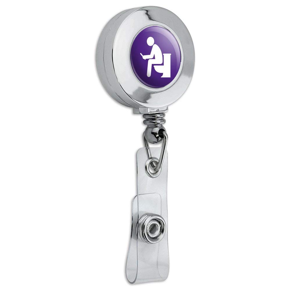 Funny Retractable ID Badge Holder with Man Pooping on Toilet Design - Chrome Plated Clip for Work, Office, or Gag Gift | Perfect for Security Guards, Nurses, and Pranksters