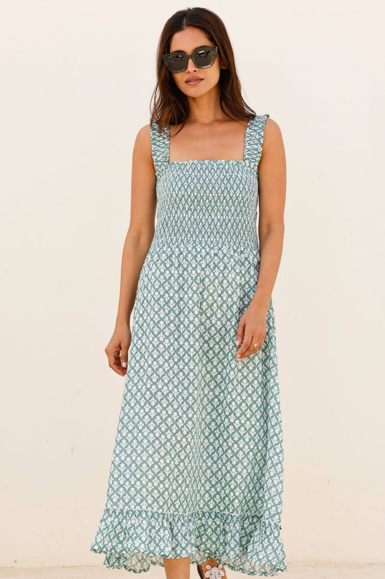 Rhianna Organic Cotton Dress - Eco-Friendly Women's Summer Dress in Sage Green & White | Perfect for Casual Outings, Beach Wear, and Boho Fashion