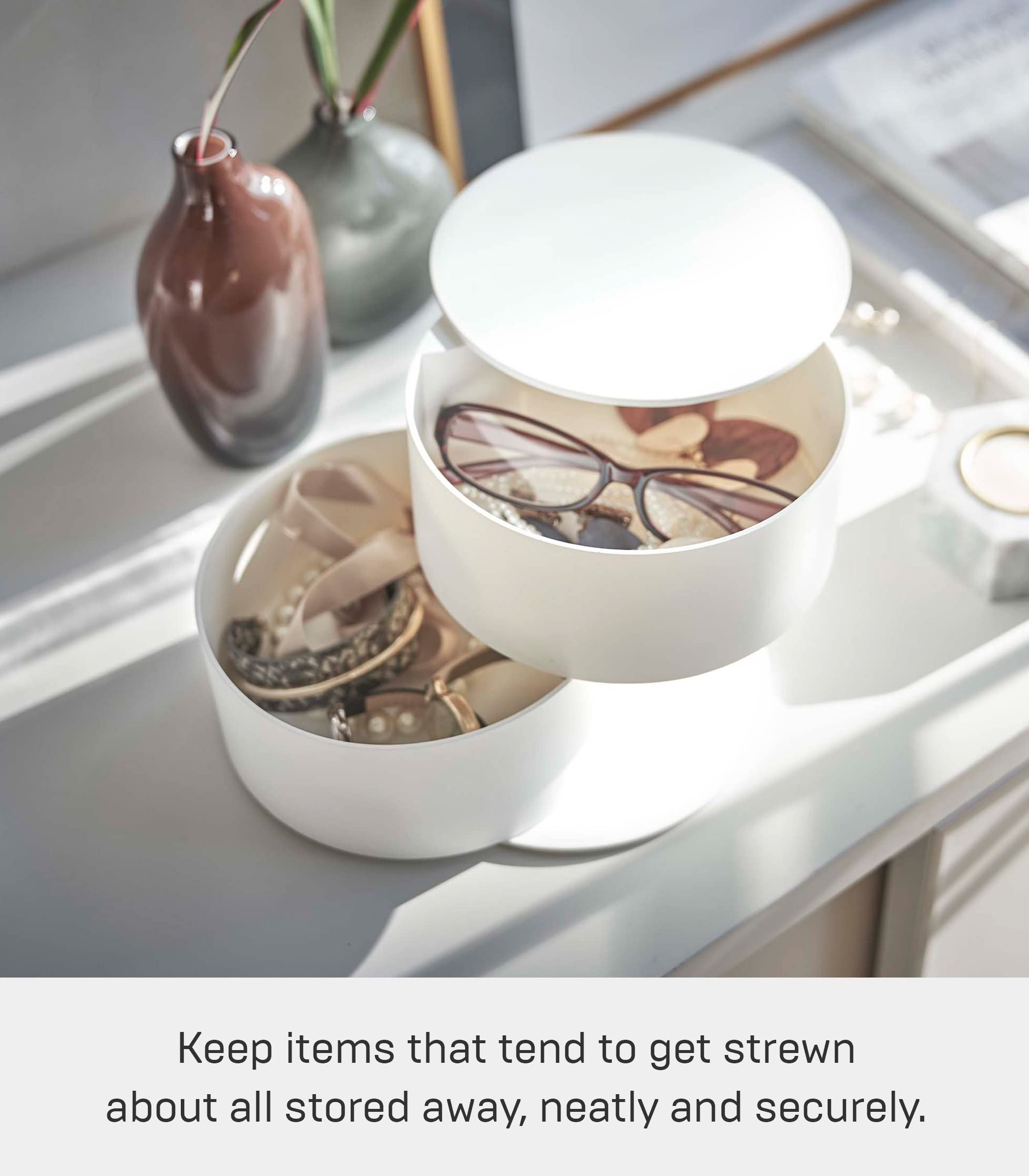 Yamazaki Home White ABS Plastic Rotating Jewelry Organizer - Stackable Tower Storage Box for Earrings, Watches, Glasses & Accessories Display - Perfect for Bedroom Vanity, Closet Organization & Gift Giving