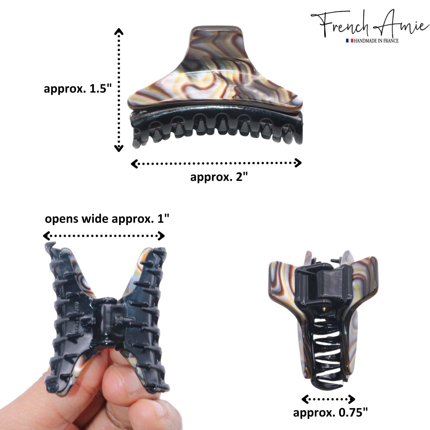 French Amie Skinny Onyx Silver Grey Handmade Celluloid Jaw Hair Claw Clip with Inner Teeth - Perfect for Updos, Ponytails & Everyday Hairstyles