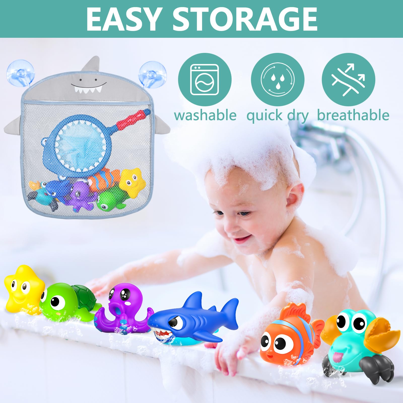 Mold-Free Baby Bath Toys for Kids Ages 1-3 - No Hole Ocean Animal Water Toys for Toddlers & Infants - Bathtub, Shower, Beach & Pool Play - Includes Storage Bag - Perfect Gift for Boys & Girls
