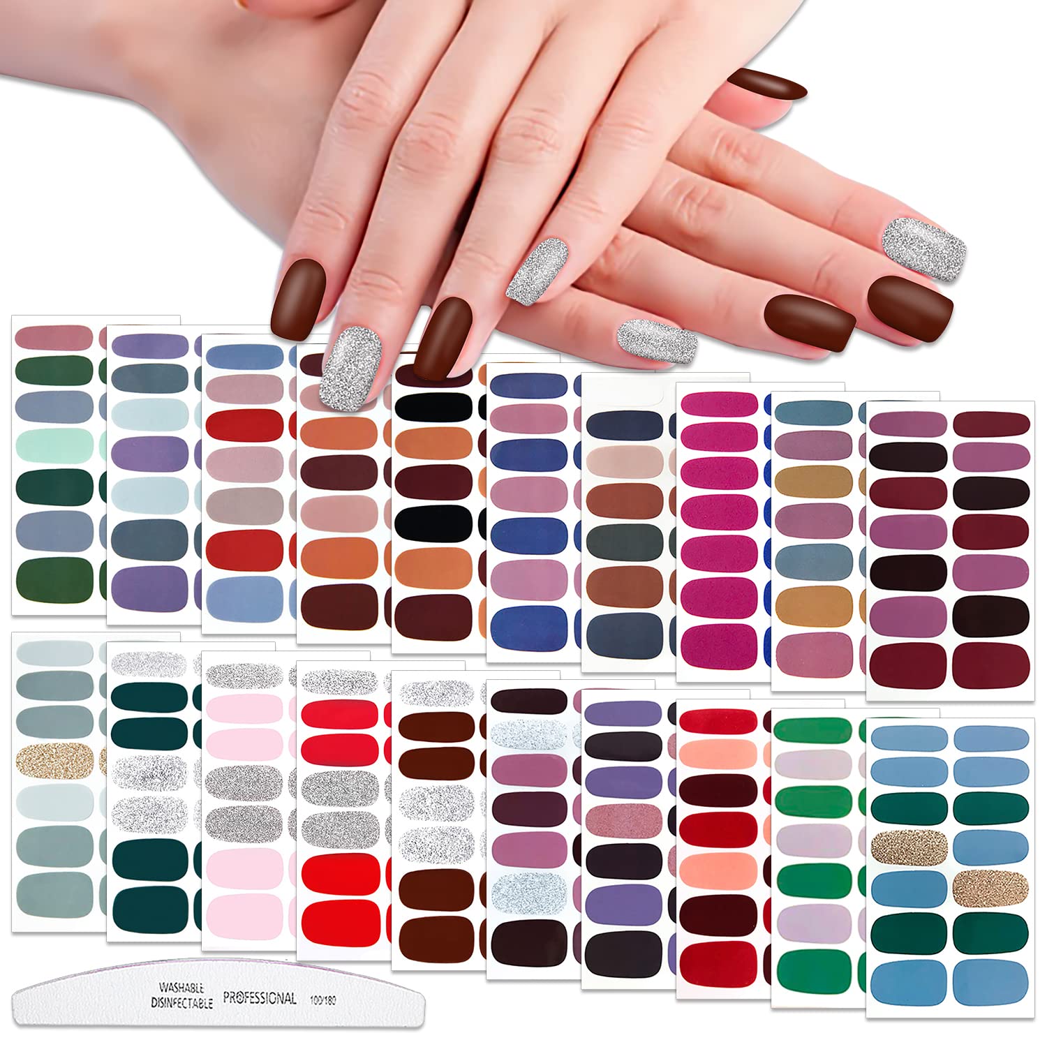 WOKOTO 20 Sheets Mix Solid Nail Polish Strips with Nail File - DIY Gel Nail Art Stickers for Women | Full Coverage Nail Wraps & Color Strips | Perfect for Home Manicures, Parties & Gifts