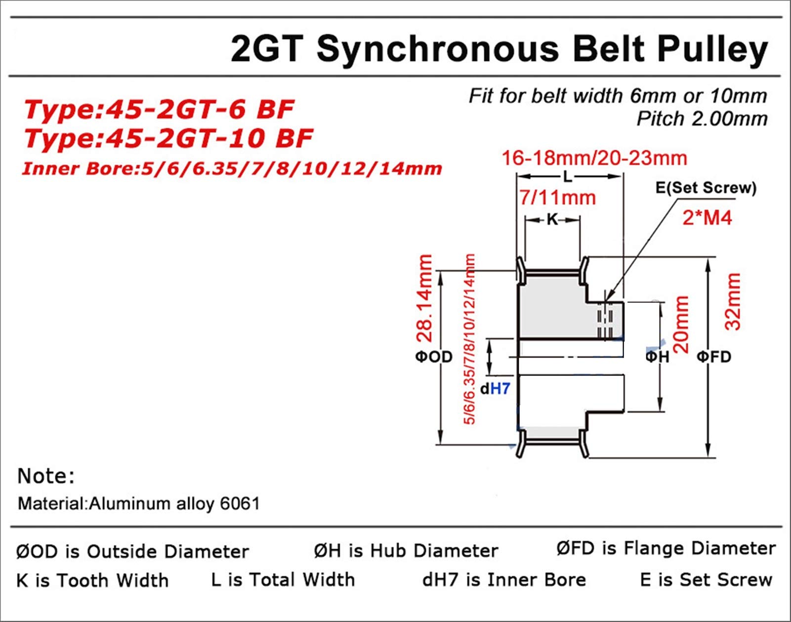 Pnloog GT2 Timing Pulley 45 Teeth (45T) - 2GT Synchronous Belt Pulley with 5/6/6.35/7/8/10/12/14mm Bore Options - Compatible with 6mm & 10mm Width Open Belts - Perfect for 3D Printers, CNC Machines, and Industrial Automation Systems