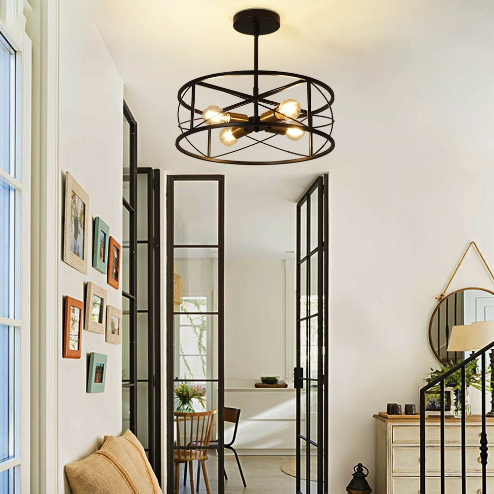 DLLT 4-Light Black Round Pendant Lighting Fixture - 18 Inch Industrial Metal Drum Cage Chandelier - Farmhouse Hanging Light for Dining Room Kitchen Living Room Bedroom Hallway - Perfect for Rustic Home Decor & Modern Interior Design
