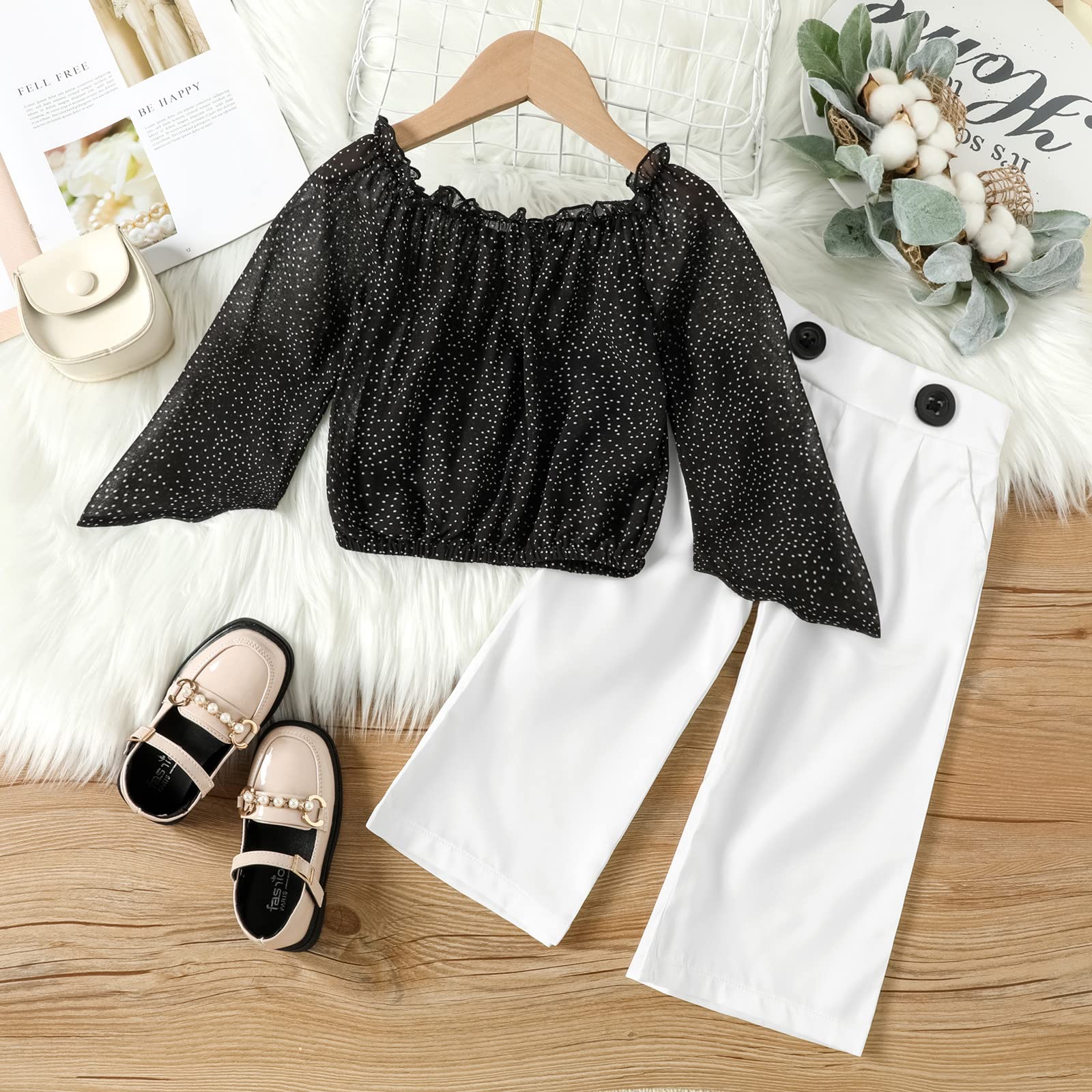 Toddler Girls Long Sleeve Chiffon Dot Off Shoulder Top & Pants Outfit Set - Cute Baby Clothes for 1-3 Year Olds - Perfect for Birthday Parties, Photo Shoots & Special Occasions