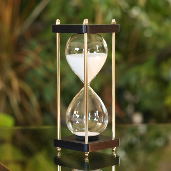 Elegant Black Wood Hourglass with Gold Spindles - 3 Minute Sand Timer for Home Decor, Office Desk, Meditation & Vintage Gift Ideas