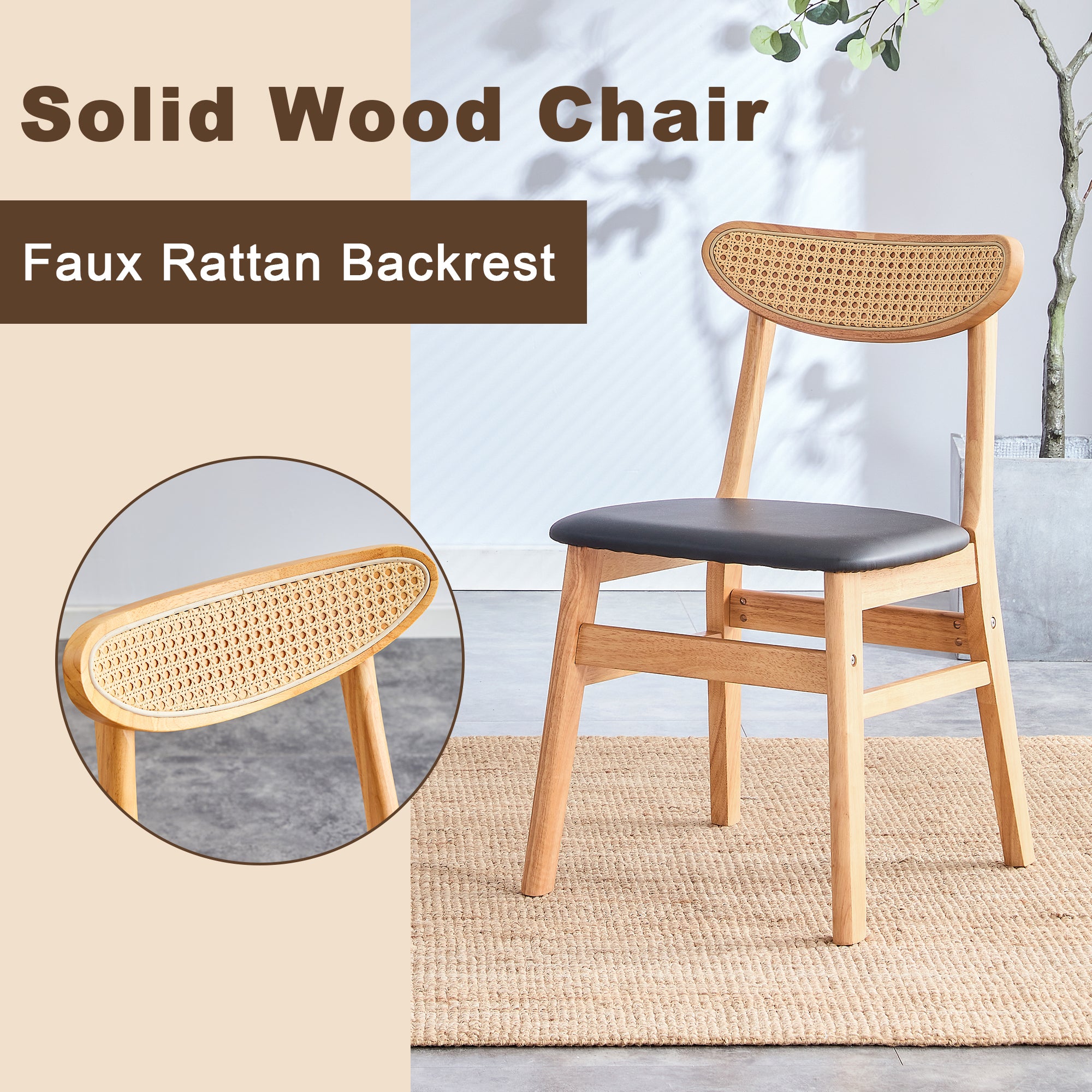 8-Piece Cozy Natural Rubberwood Dining Chair Set - Solid Wood & Rattan Style with Curved Back & PU Cushion - Perfect for Dining Room, Kitchen, Cafe & Home Decor