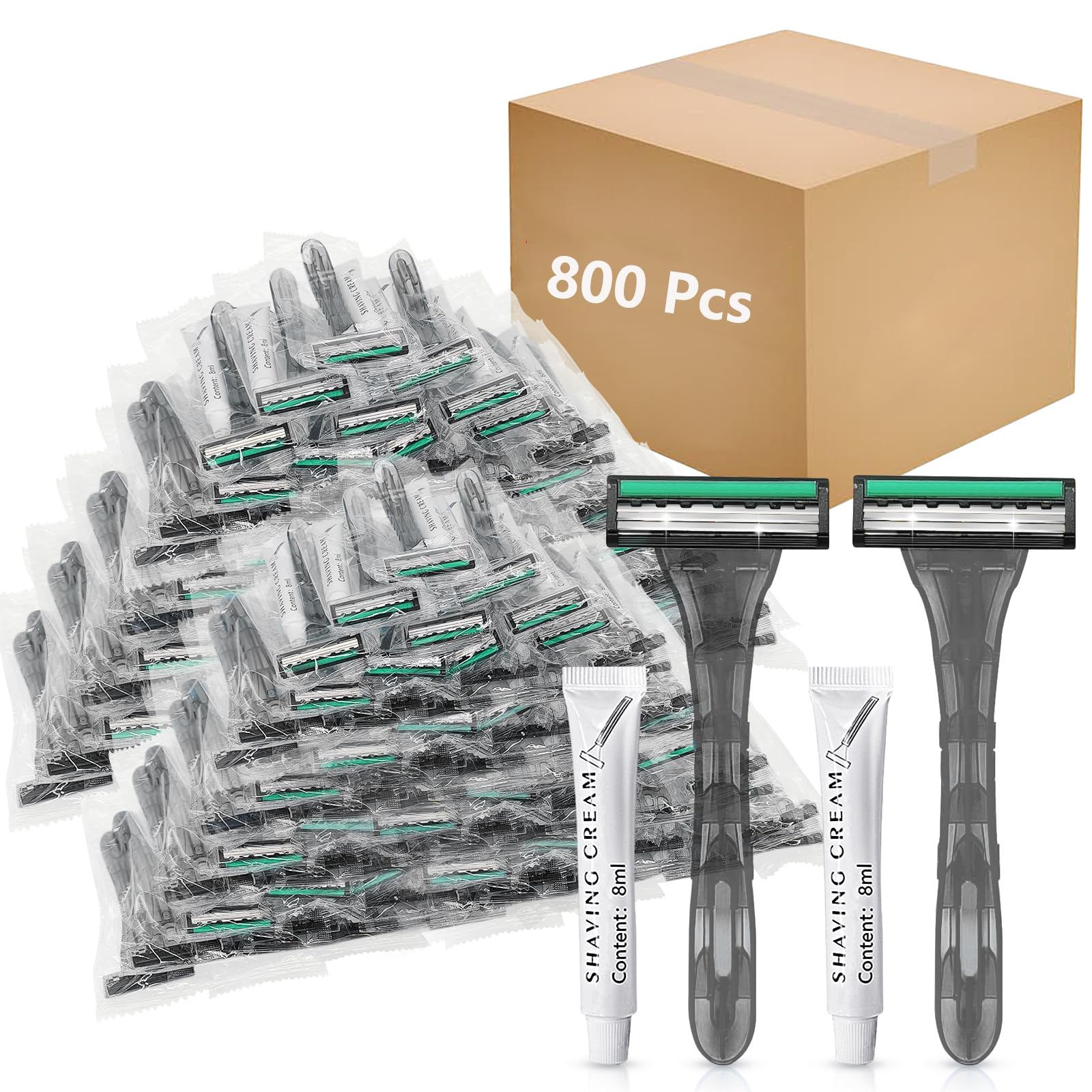 800 Pack Kheoxusa 3-Blade Disposable Razors - Individually Wrapped Triple Blade Shavers for Men & Women - Perfect for Travel, Hotels, Airbnb, Shelters, and Personal Grooming - Grey