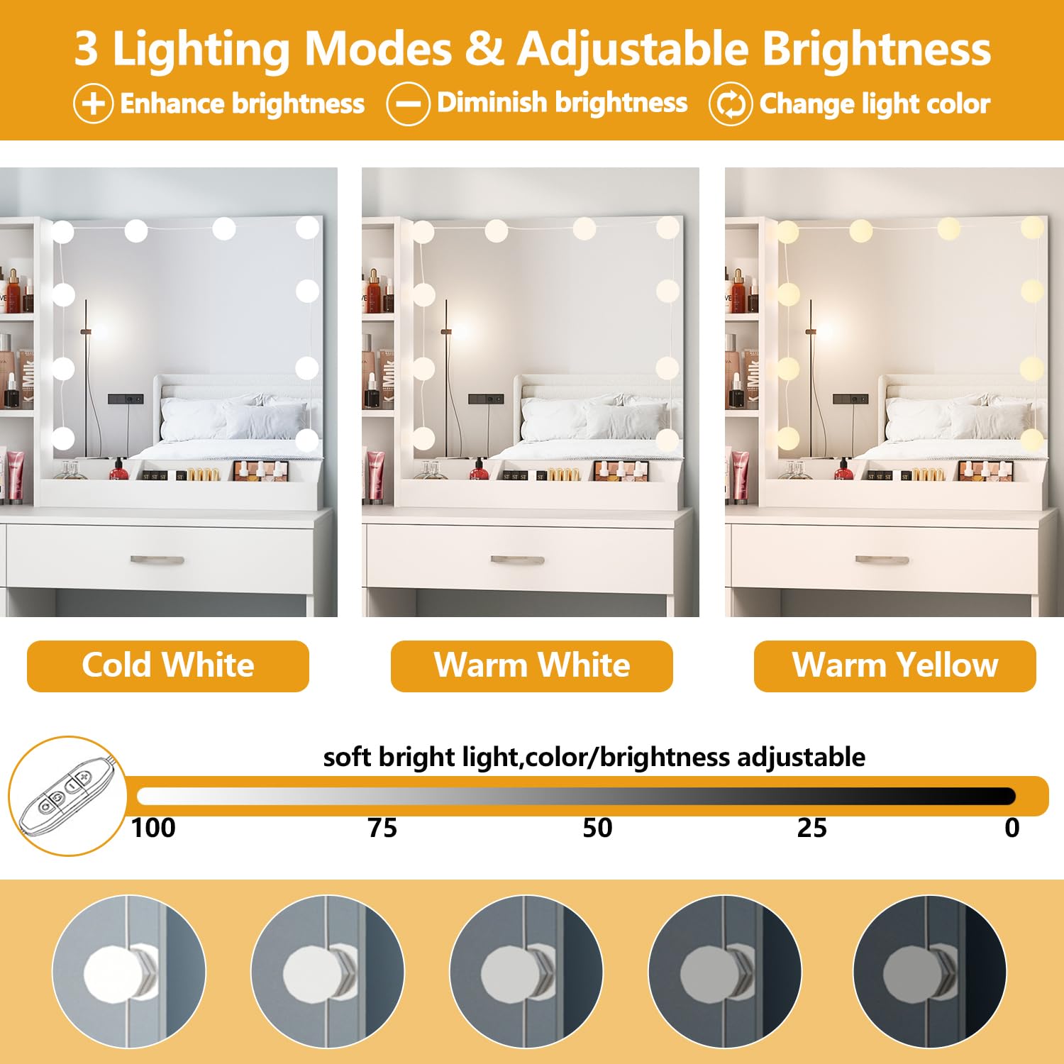 Fameill White Vanity Desk with LED Mirror & 2 Drawers - Adjustable 3-Color Lighting Makeup Table with Storage (35 Inch) - Perfect for Bedroom, Dressing Room & Beauty Salon