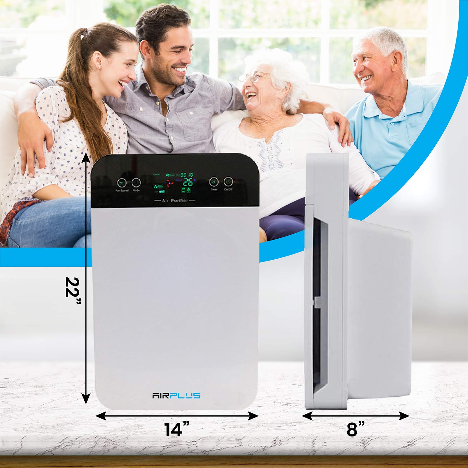 Bluonics Air Plus Room 5-in-1 True HEPA Air Purifier with UV Light - Removes Pollen, Wildfire Smoke, Dust, Odors & Mold - Smart Air Quality Monitor for Home, Office & Bedroom - Ideal for Allergy Relief & Clean Breathing