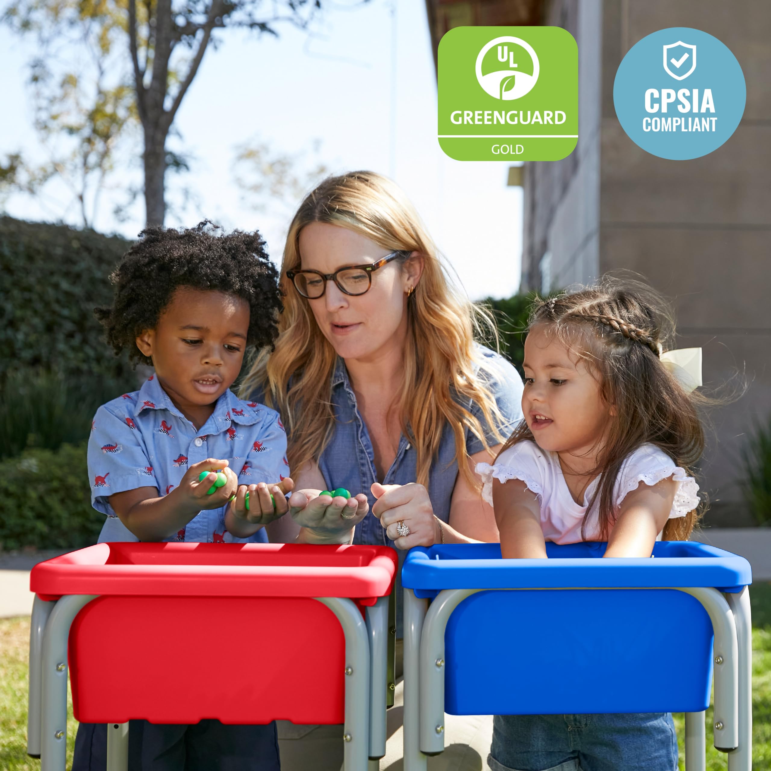 ECR4Kids Adjustable 2-Station Sand and Water Play Table with Sensory Bins - Blue & Red for Kids Outdoor & Indoor Sensory Play Activities