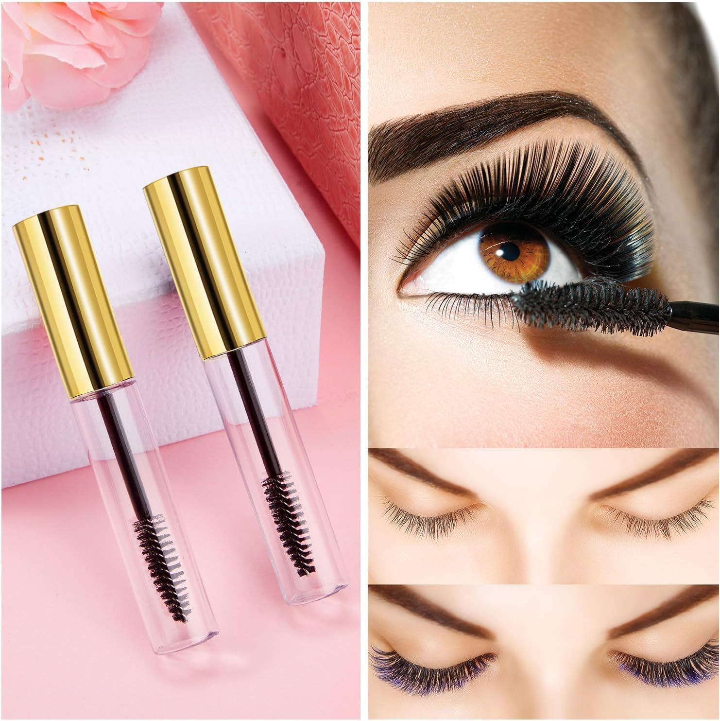 RAJry 2 Pack 10ml Empty Mascara Tubes with Wands - Refillable Eyelash Cream Containers with 2 Rubber Inserts (Gold) - Perfect for DIY Makeup, Travel & Salon Use