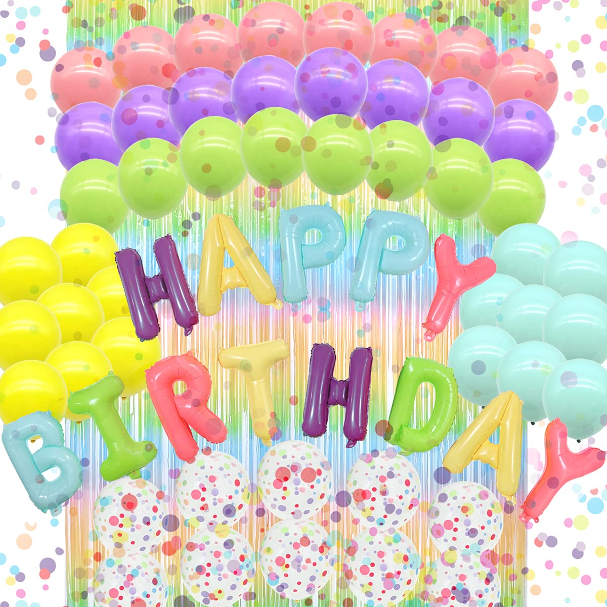 Pastel Balloon Kit for Birthday Party Decorations - Macaron Theme Party Supplies with Confetti, Rainbow Mylar Foil Balloons & Fringe Curtain - Perfect for Kids, Women & Men Birthday Celebrations, Baby Showers & Bridal Showers