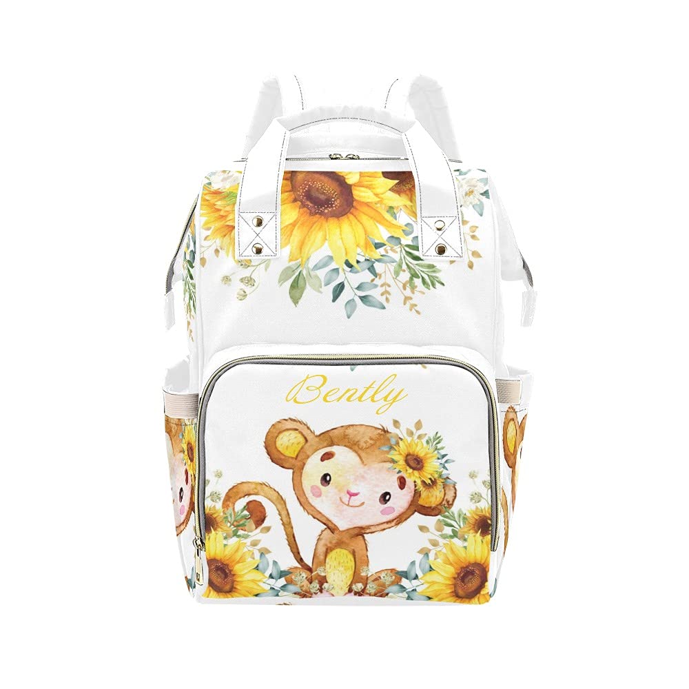 Custom Personalized Sunflower Jungle Monkey Diaper Backpack with Name Embroidery - Large Capacity Multifunctional Baby Bag for Travel, Daycare & Outings - Unisex Diaper Tote for Moms, Dads & Parents (Boy/Girl)