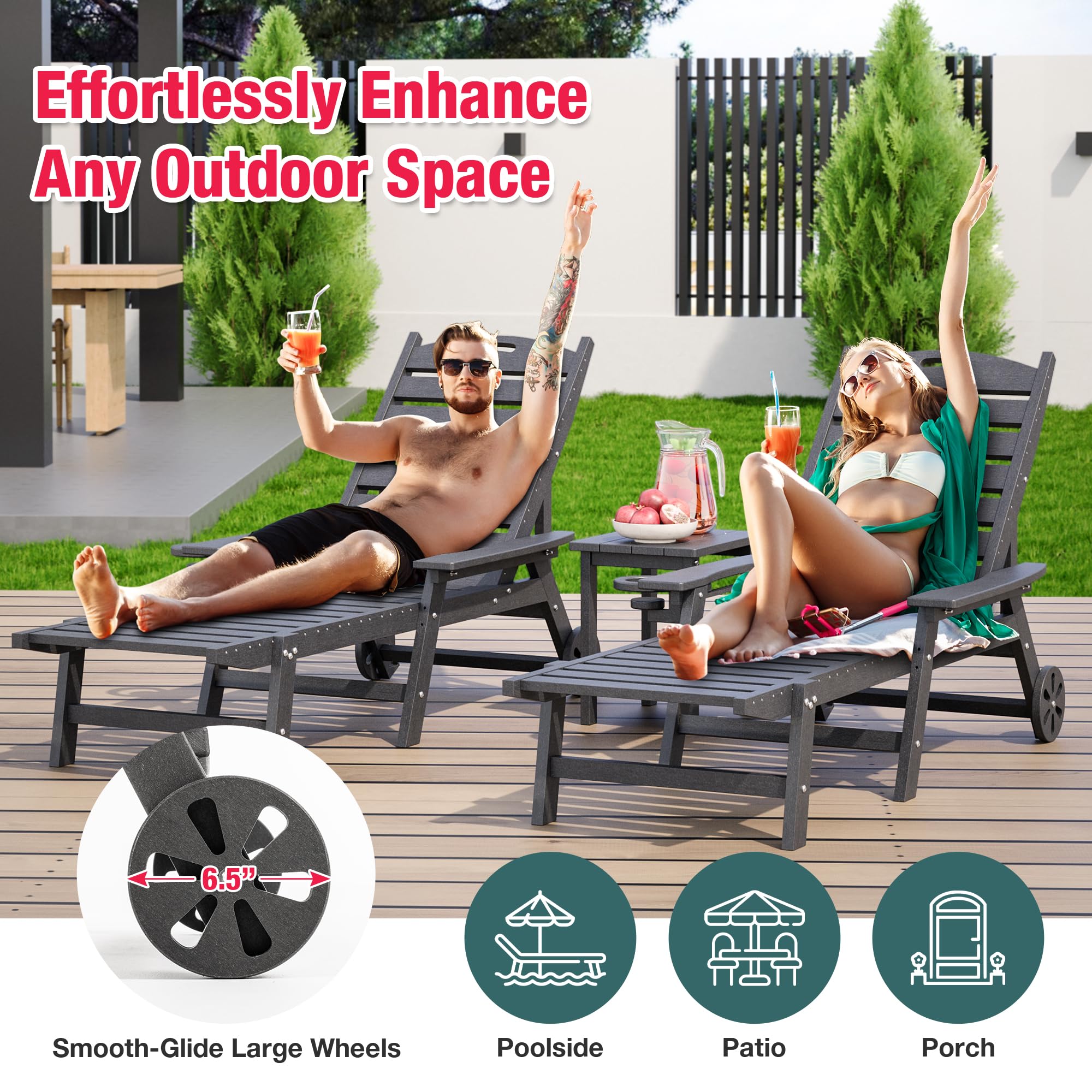 **Pamapic 500 LB Capacity 2-Piece Lounge Chair Set with Coffee Table - Wide Armrest Oversized Chaise Lounge with Wheels, 4-Position Adjustable, Cup Holder - Gray Outdoor Poolside Relaxation Chairs for Patio, Backyard & Beach**