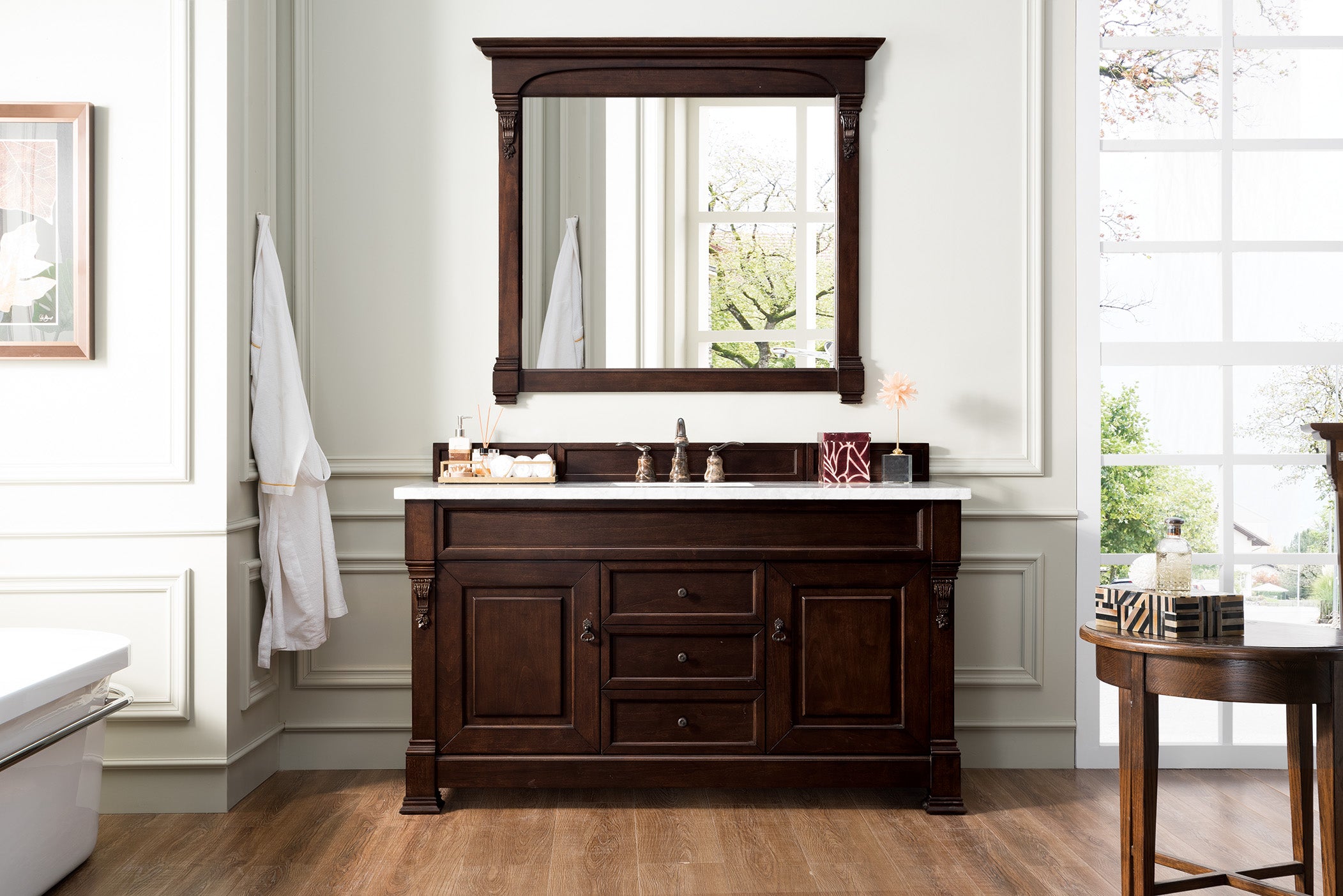 Brookfield 60 Inch Single Bathroom Vanity with Burnished Mahogany Finish & 3CM Carrara Marble Top - Perfect for Modern Master Bathrooms and Guest Bath Remodels