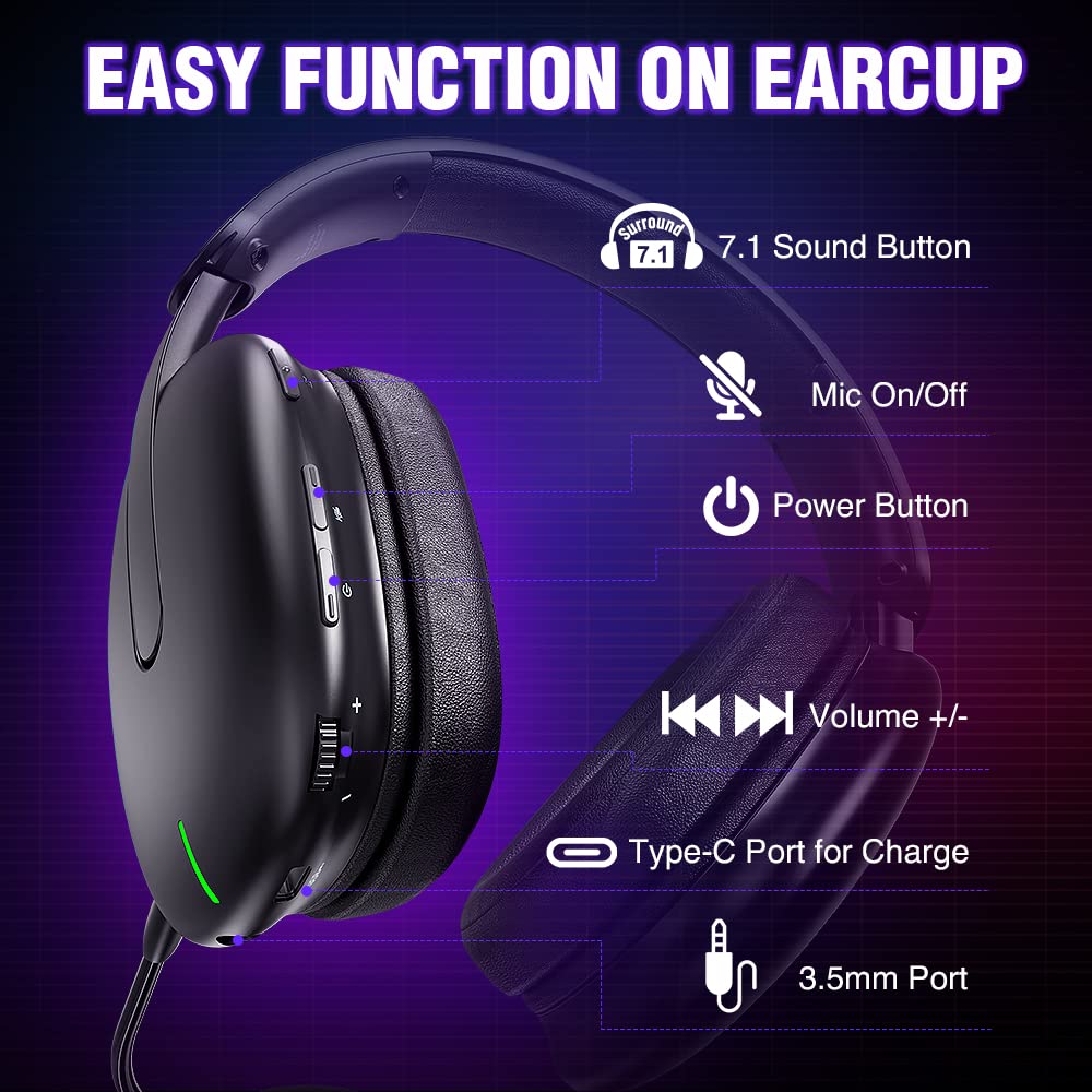 TA82 Wireless Gaming Headset for PS5, PS4, PC, Mac & Switch - 2.4GHz USB Noise-Cancelling Headphones with Mic, 7.1 Surround Sound (Black) - Perfect for Competitive Gaming, Streaming & Online Chat