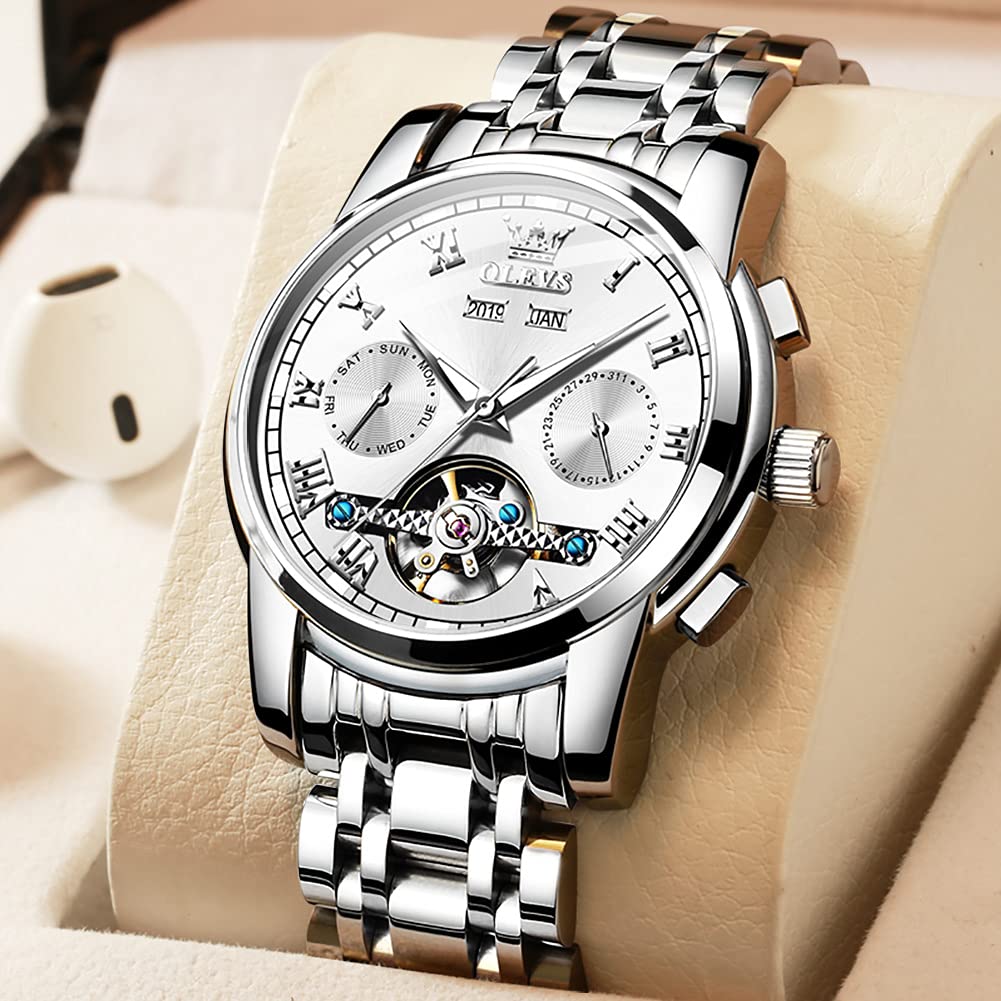 OLEVS Automatic Self-Winding Men's Watch with Date & Day Calendar - Stainless Steel Skeleton Tourbillon Watch - No Battery Needed, Waterproof - Perfect for Business, Casual & Formal Occasions