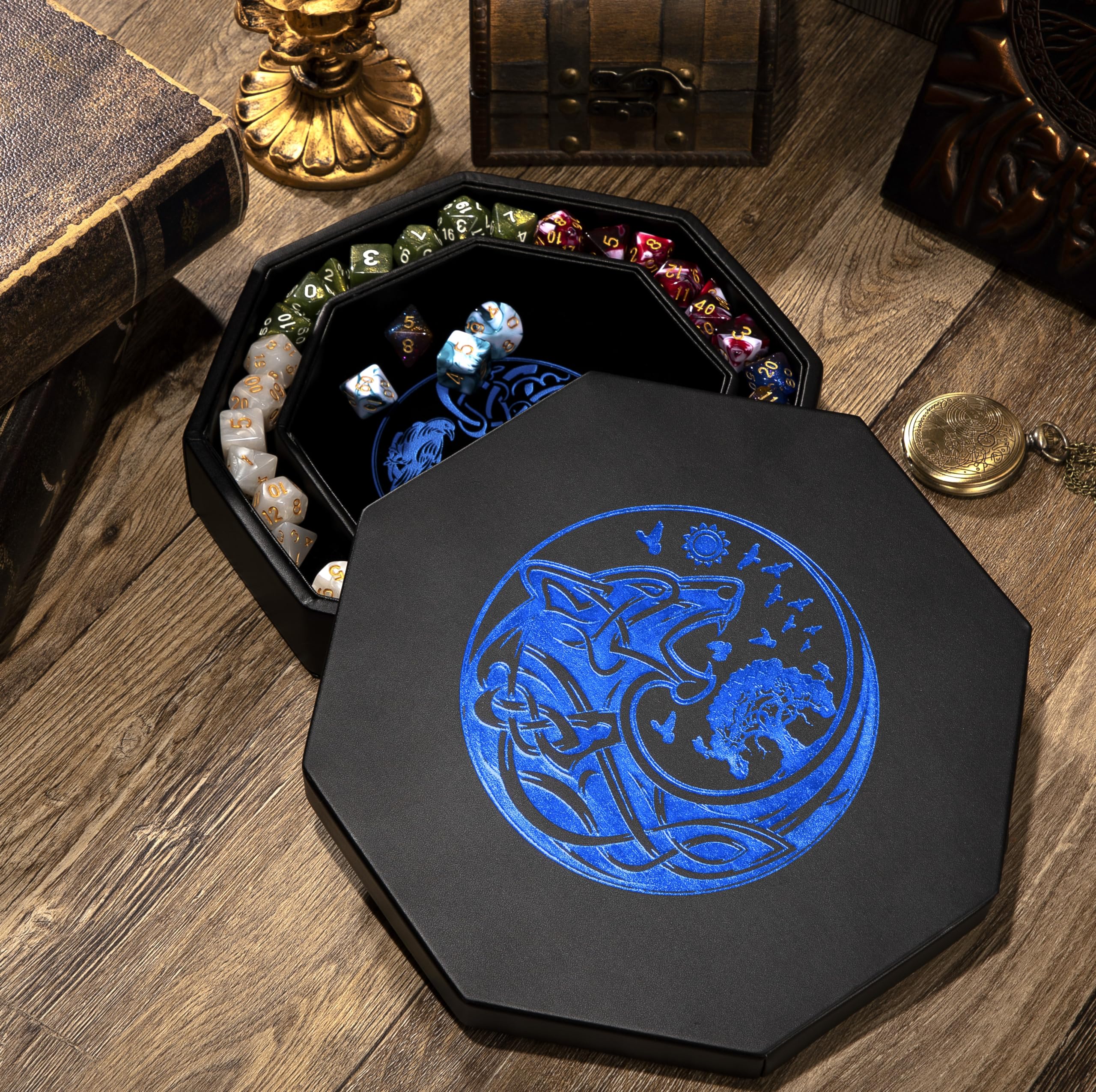 Premium 8 Inch DND Dice Tray for Dungeons & Dragons - Dark Blue World Tree & Wolf Raven Design - Perfect Rolling & Storage for D&D, RPG Tabletop Games - Great for Dice Protection & Organized Gaming Sessions