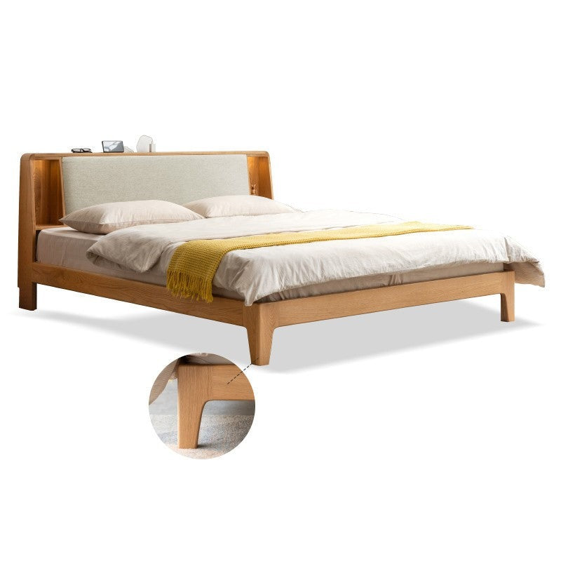 Solid Oak Wood Leather & Fabric Luminous Bed with Shelf - Modern Platform Bed Frame with Storage for Bedroom, Guest Room, or Dorm
