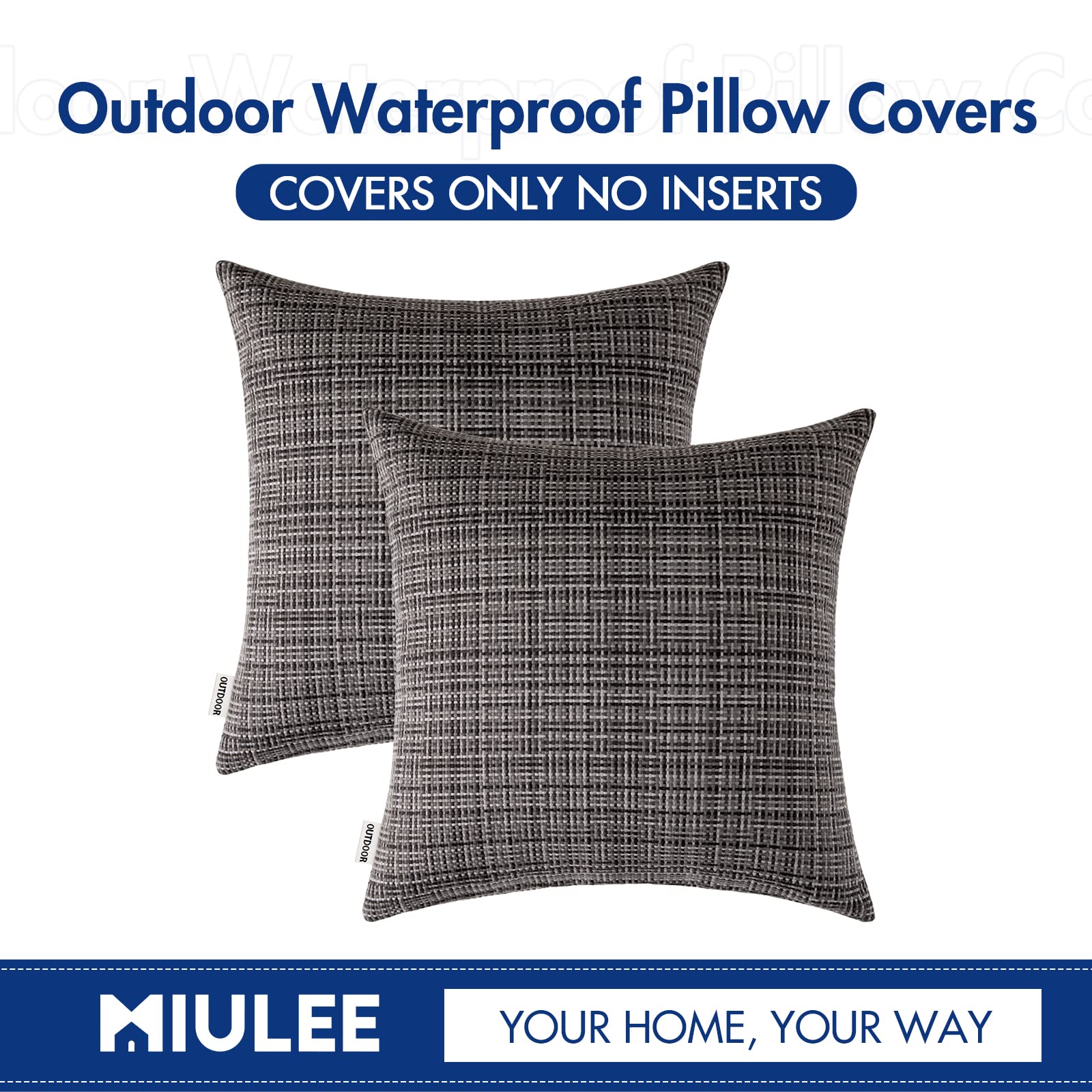 MIULEE Waterproof Outdoor Throw Pillow Covers 16x16 Inch - Farmhouse Decorative Cushion Covers for Patio, Garden, Tent, Sofa & Couch (Set of 2, Gray) - Perfect for Outdoor Furniture, Camping & Home Decor