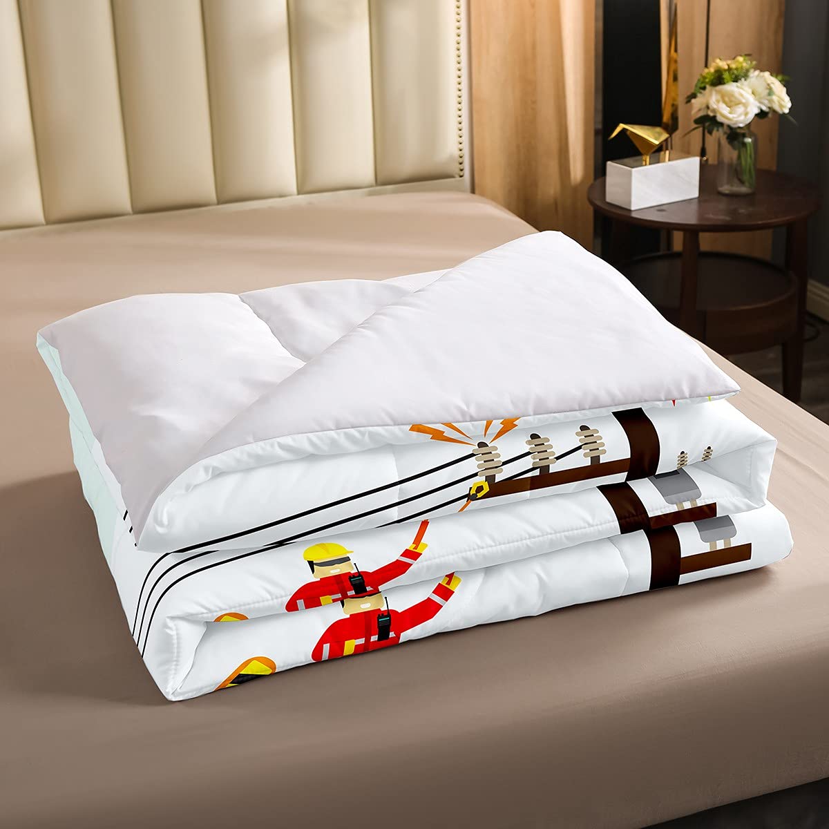 Cartoon Fire Truck Comforter Set - Firemen Themed Bedding for Kids & Teens - Full Size White Duvet Cover with Security Blanket - Perfect for Boys & Girls Bedroom Decor | Ideal for Kids' Rooms, Sleepovers & Themed Birthday Parties