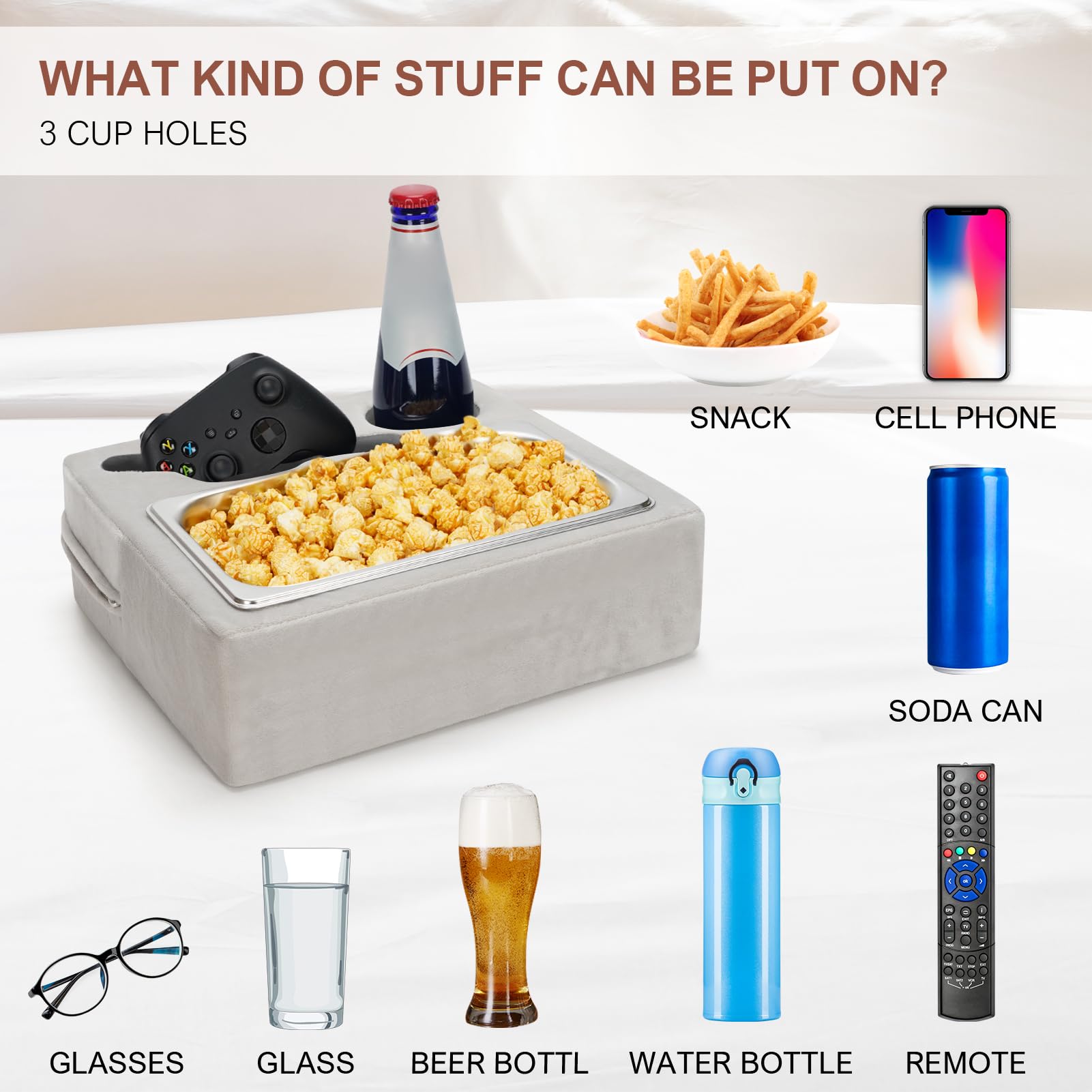 **Multi-Purpose Couch Cup Holder & Organizer - Sofa Caddy for Drinks, Snacks, Phone, Remote & Headphones - Portable for Car, RV, Beach, Camping & Home Use (Silver Grey)**