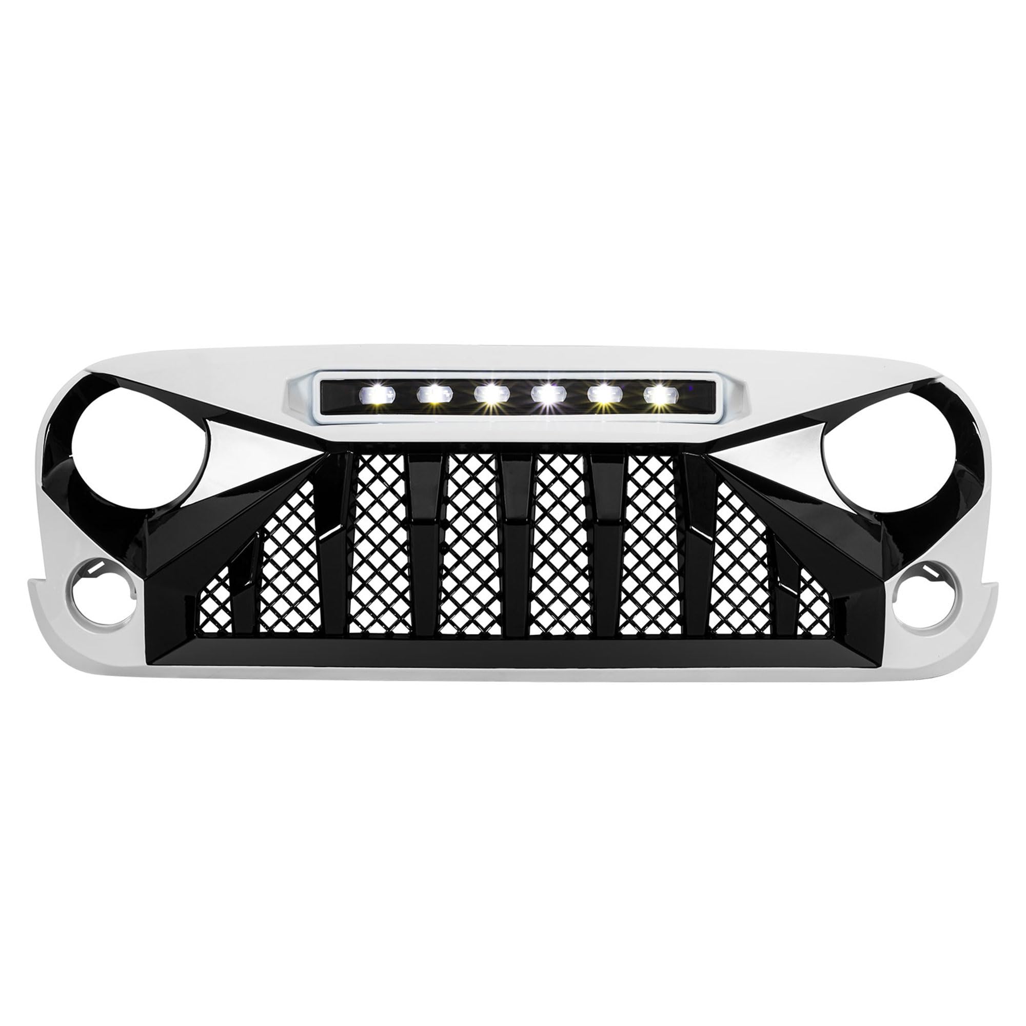 Black & White ABS Plastic Front Gladiator Grille with LED Off-Road Lights for 2007-2018 Jeep Wrangler JK - Durable Aftermarket Replacement for Off-Roading & Adventure