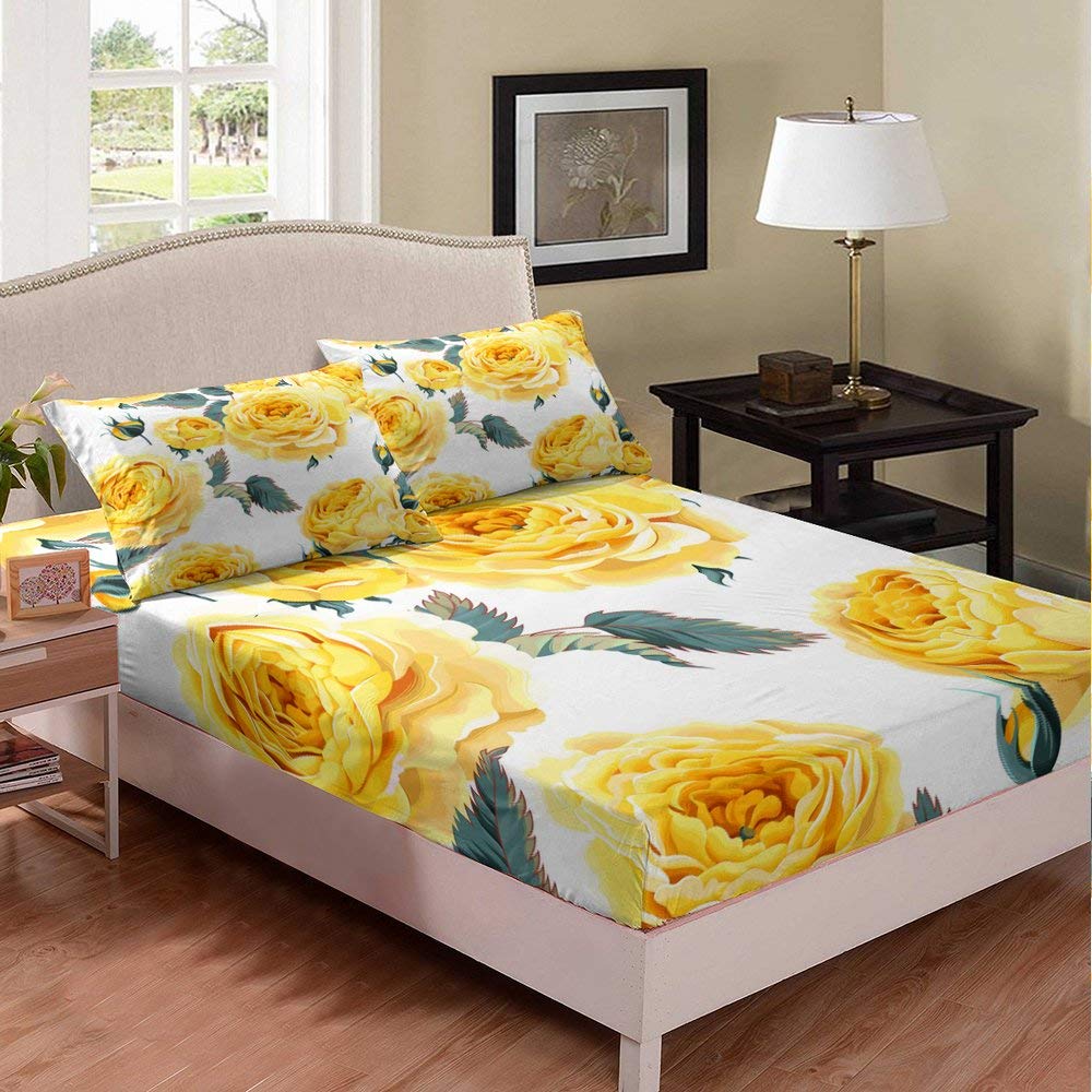 Floral Garden Boys Girls Queen Size 3-Piece Duvet Cover Set - Yellow Chrysanthemum Print Fitted Sheet & 2 Pillowcases | Kids Bedroom Decor, Nursery Theme, Cozy Bedding for Spring & Summer