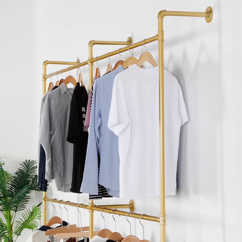 Heavy Duty Industrial Pipe Clothes Rack - 89.8 Inch Gold Metal Garment Rack for Clothing Store Display & Closet Storage - Wall Mounted Hanging Rod for Retail Shops, Boutiques, and Home Organization