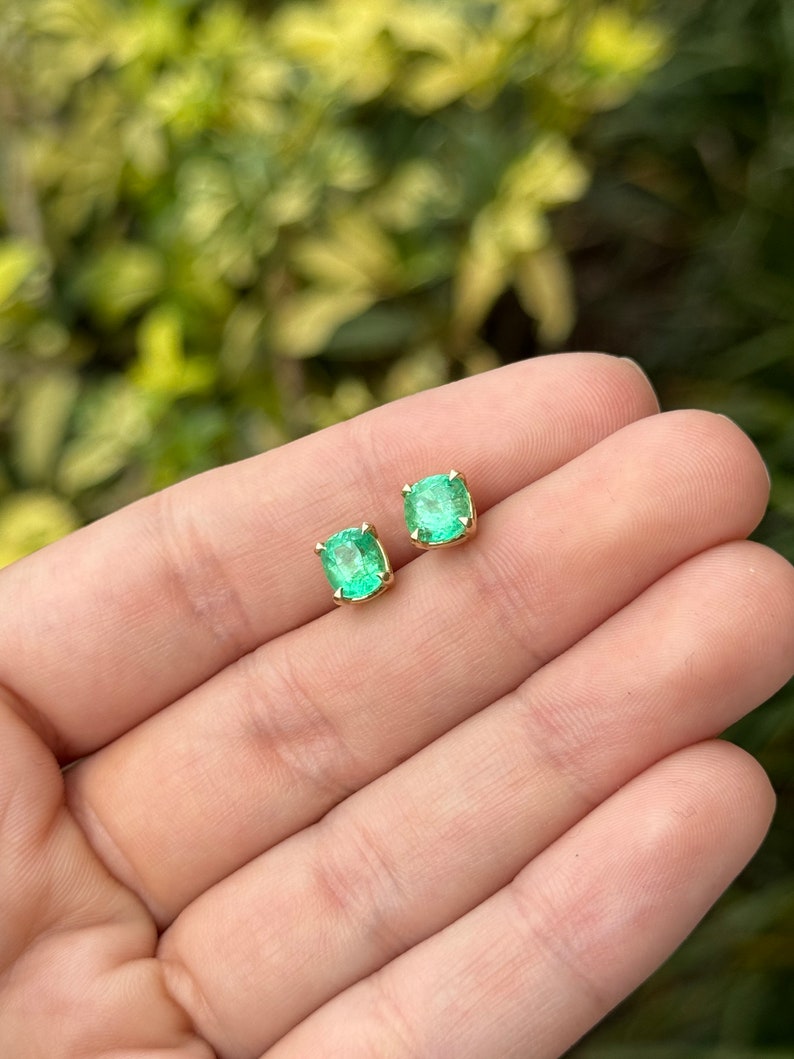 2.41tcw 14K Gold Vivid Green Emerald Cushion Cut Stud Earrings for Women - Luxury Birthstone Jewelry Gift for Mother's Day, Anniversary & Special Occasions
