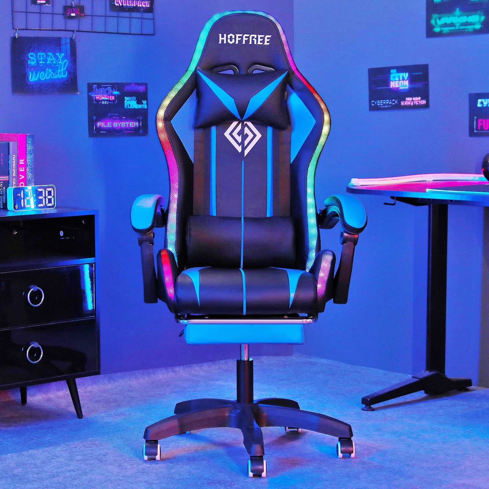 Ergonomic Gaming Chair with Massage, RGB LED Lights & Footrest - Adjustable Lumbar Support High Back Computer Desk Chair for PC & Console Gamers (Blue/Black) - Perfect for Esports, Streaming & Home Office Setup
