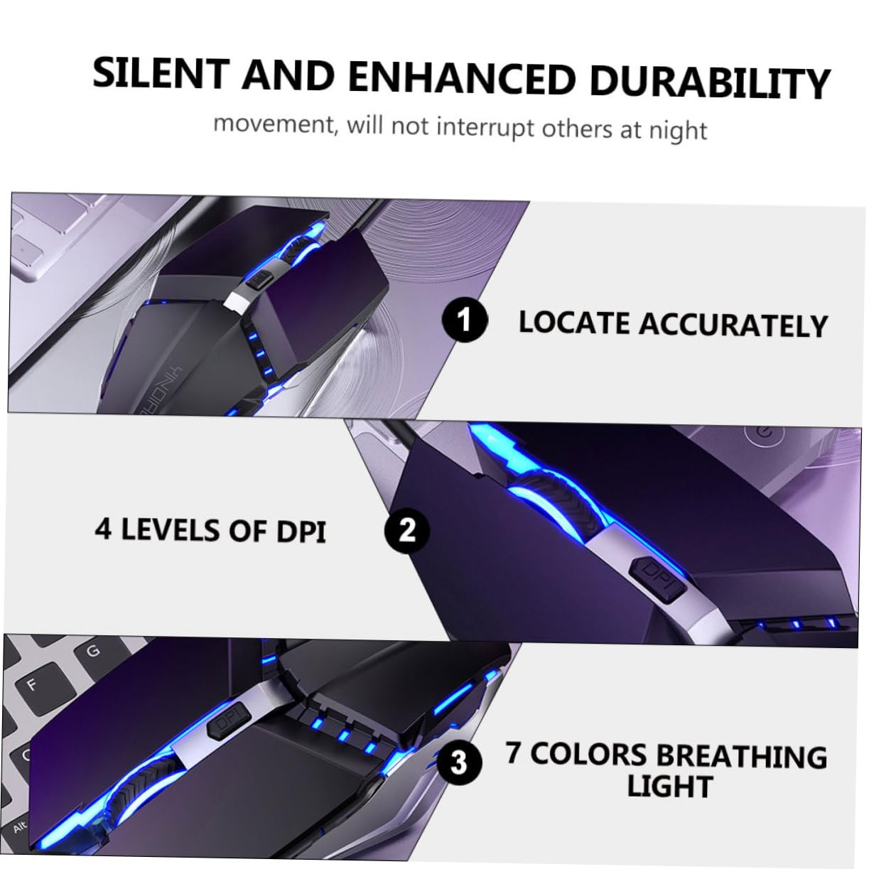 Yardenfun Wired Silent Mouse with Breathing Light - 7 DPI Adjustable USB Computer Mouse for Laptop, PC, Gaming & Office Use