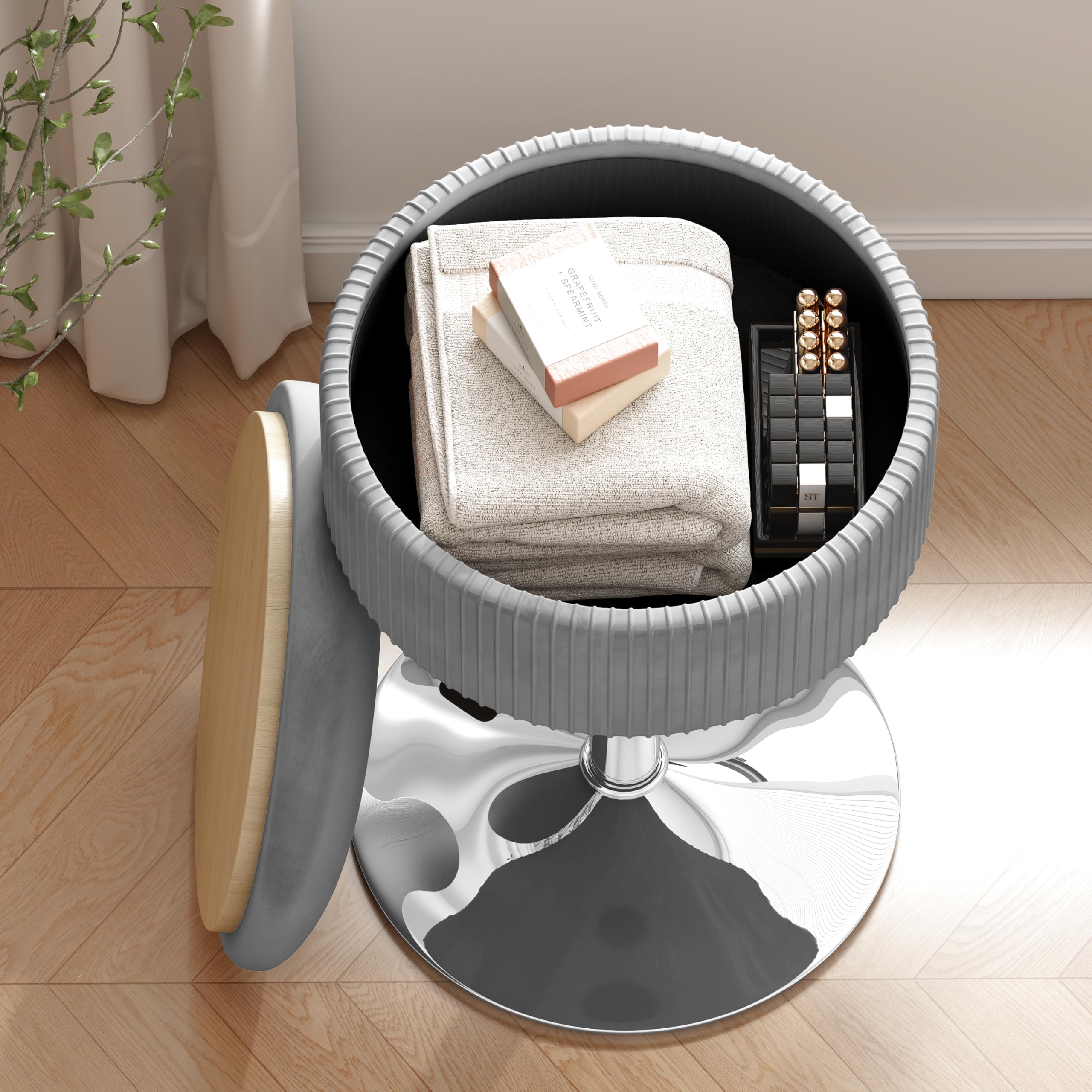 ACEQLYT® 360° Swivel Adjustable Storage Stool - Velvet Round Ottoman Chair for Vanity, Bathroom & Bedroom | Multifunctional Makeup Stool with Hidden Storage | Perfect for Dressing Tables, Small Spaces & Home Decor (Gray)